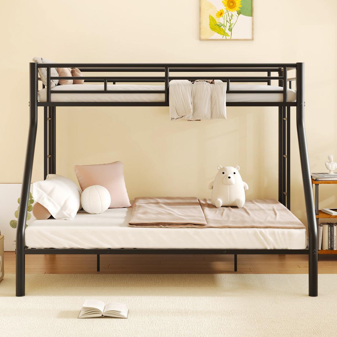 Twin Xl Over Queen Metal Bunk Bed With Ladder And Guardrails, Black Box Spring Not Required Twin Xl Black Metal Metal