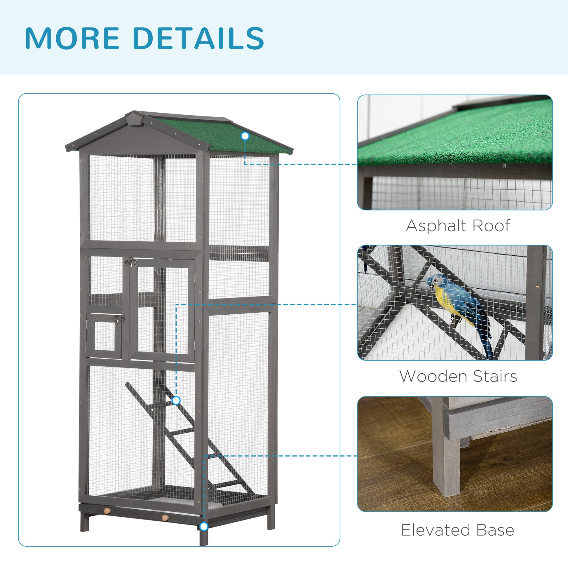 Pawhut 65" Wooden Bird Cage Outdoor Aviary House For Parrot, Parakeet, With Pull Out Tray And 2 Doors, Grey Gray Wood