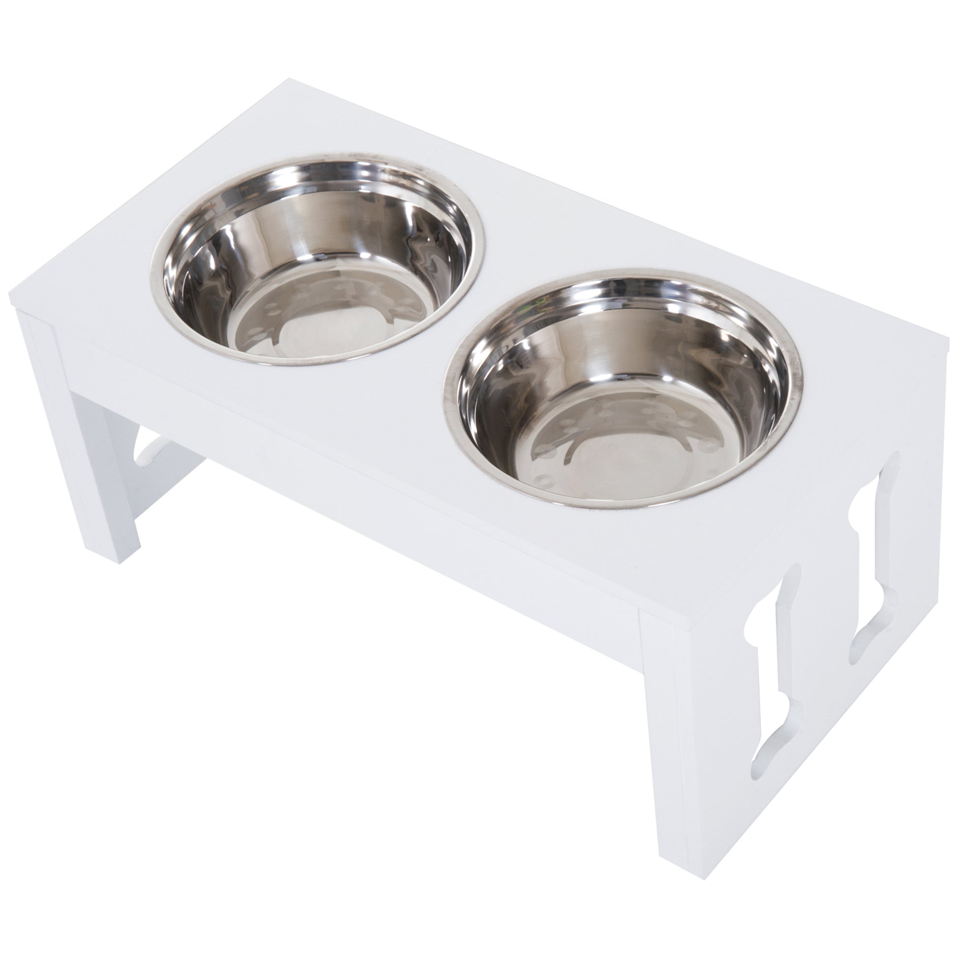 Pawhut 23" Modern Decorative Dog Bone Wooden Heavy Duty Pet Food Bowl Elevated Feeding Station White White Mdf