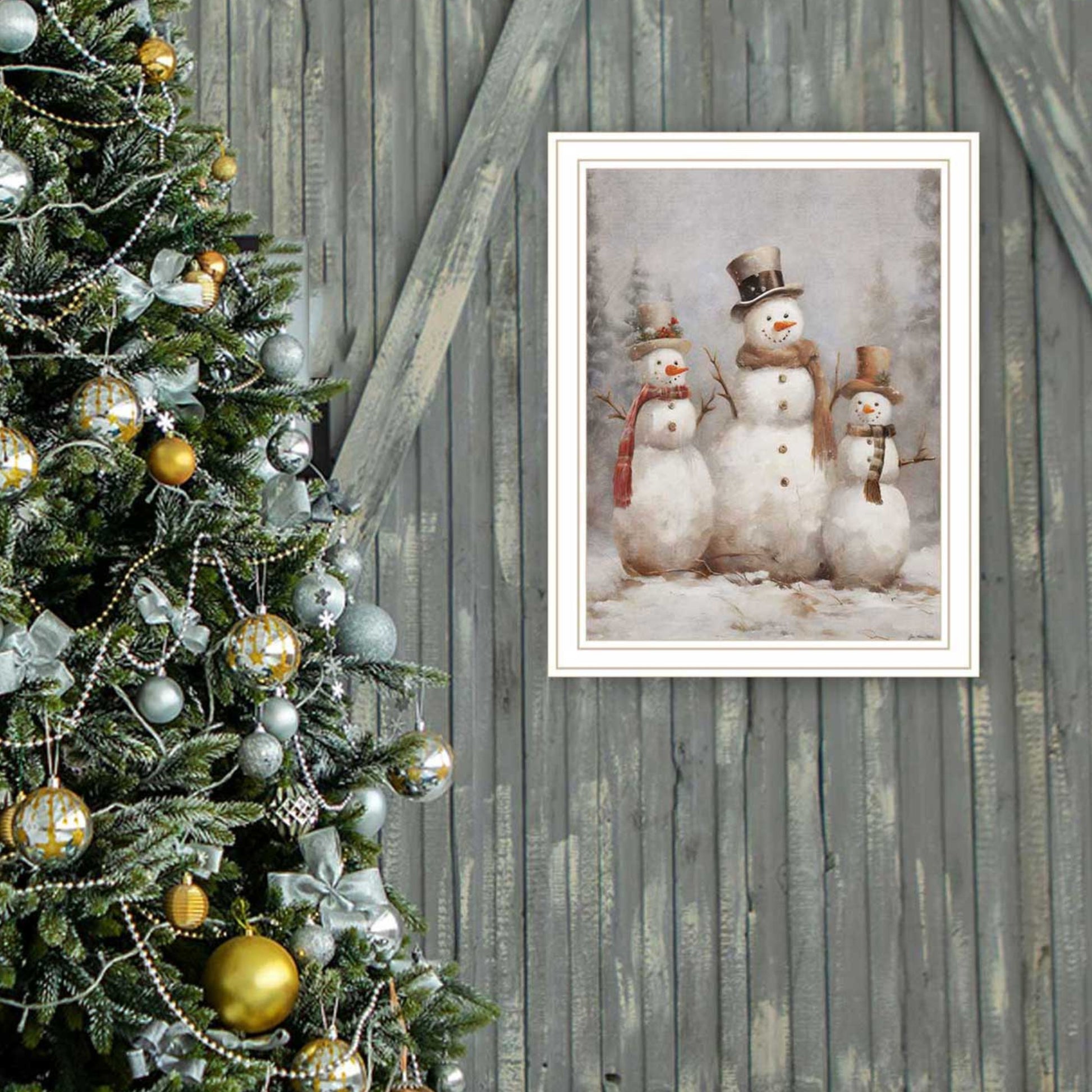 Three Snowman Pals White Framed Wall Art For Living Room, Holiday Wall Art Print For Home Decor, Bedroom Wall Art By Jo Moulton Multicolor Wood Paper