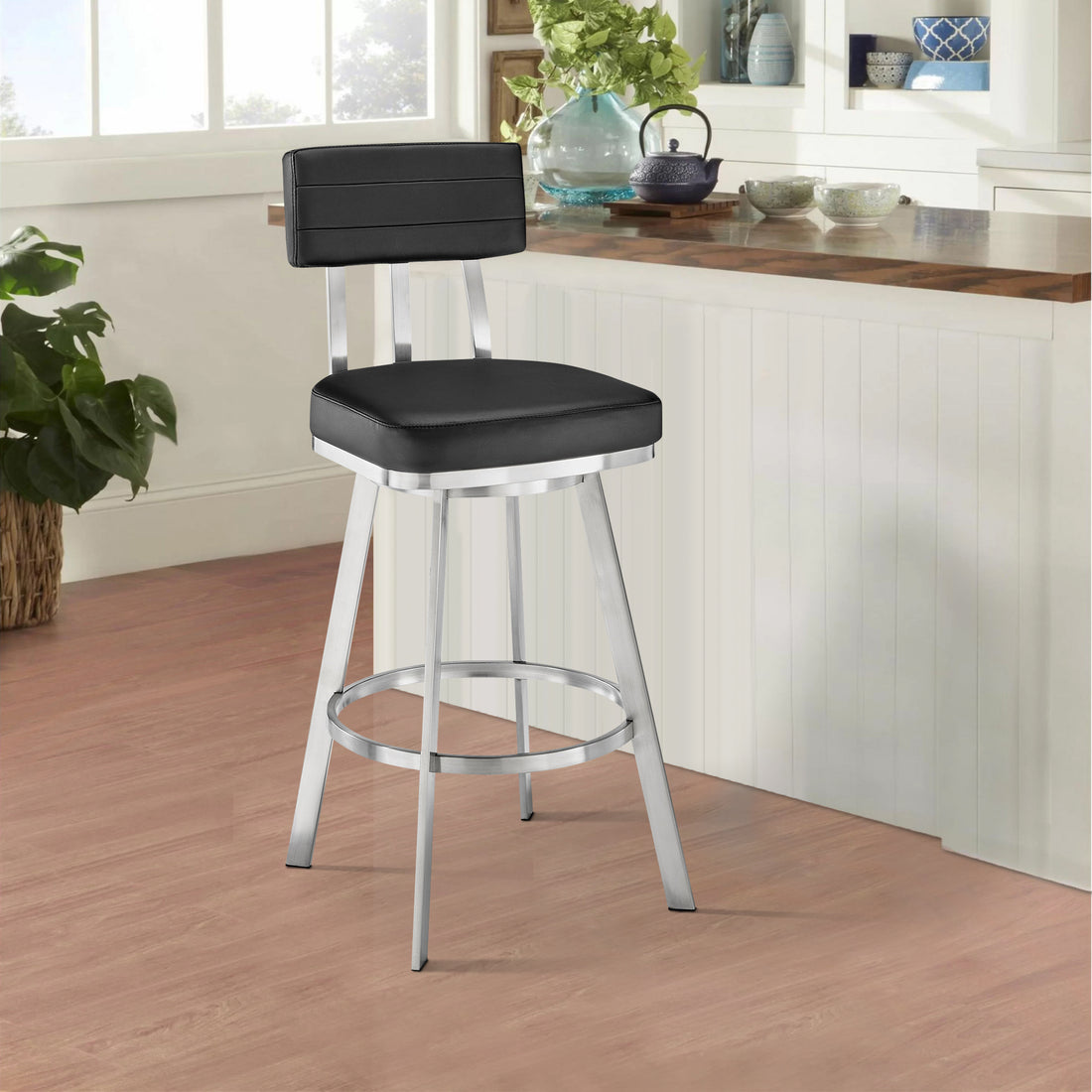 Col 26 Inch Swivel Counter Stool, Black Faux Leather, Stainless Steel Frame Black Silver Steel