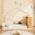 Twin Size Metal Bed House Bed Frame With Shelves And Lights, White Twin White Metal & Wood