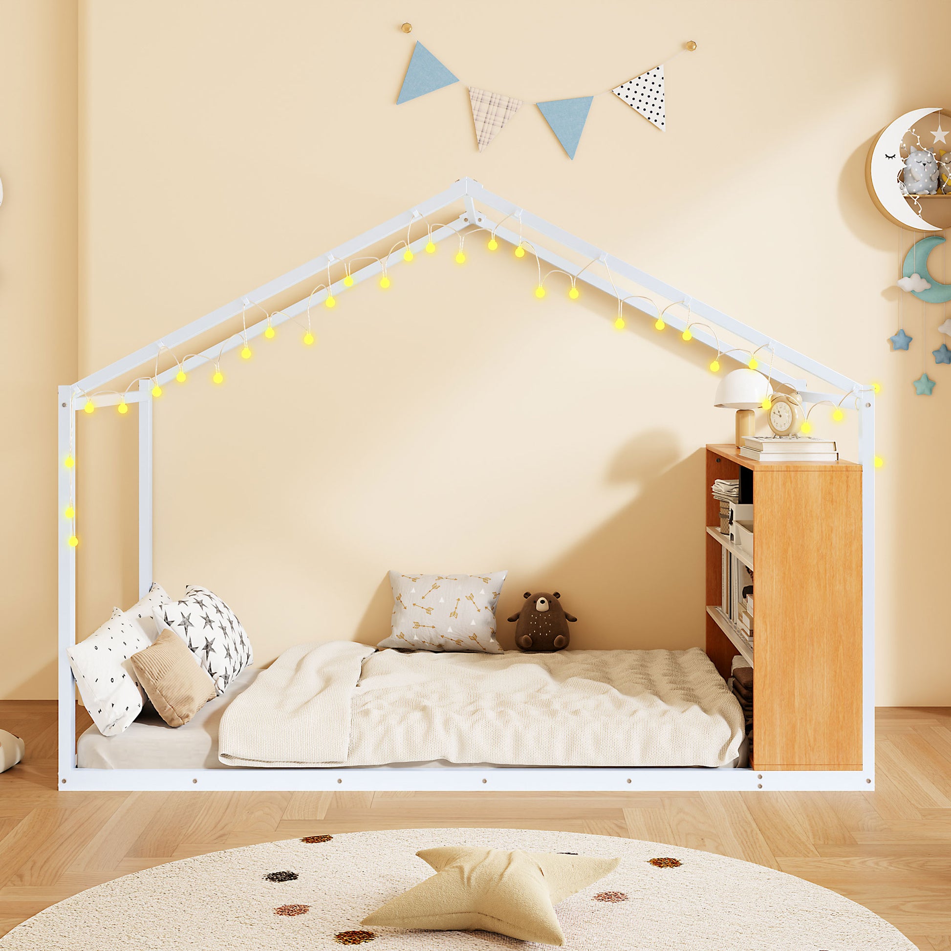 Twin Size Metal Bed House Bed Frame With Shelves And Lights, White Twin White Metal & Wood