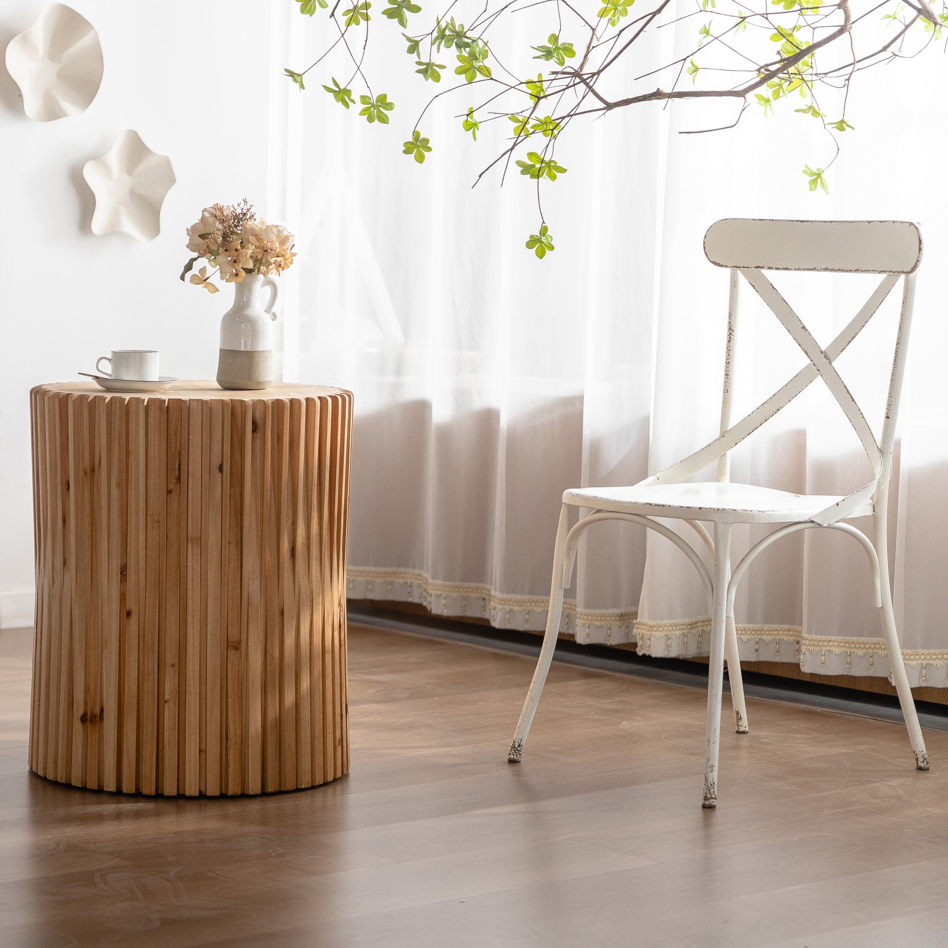 Retro Fashion Style Cylindrical Side Table With Vertical Texture Relief Design,Suitable For Living Room,Office,And Dining Room Same Sku:W757102860 Natural Mdf