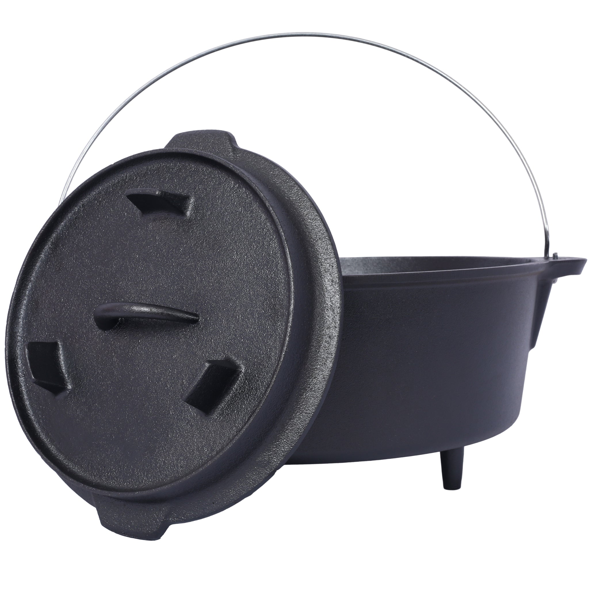 Pre Seasoned Cast Iron Dutch Oven With Set Lid, Outdoor Camping Deep Pot For Camping Fireplace Cooking Bbq Baking Campfire, Leg Base, 8 Quart Black Iron