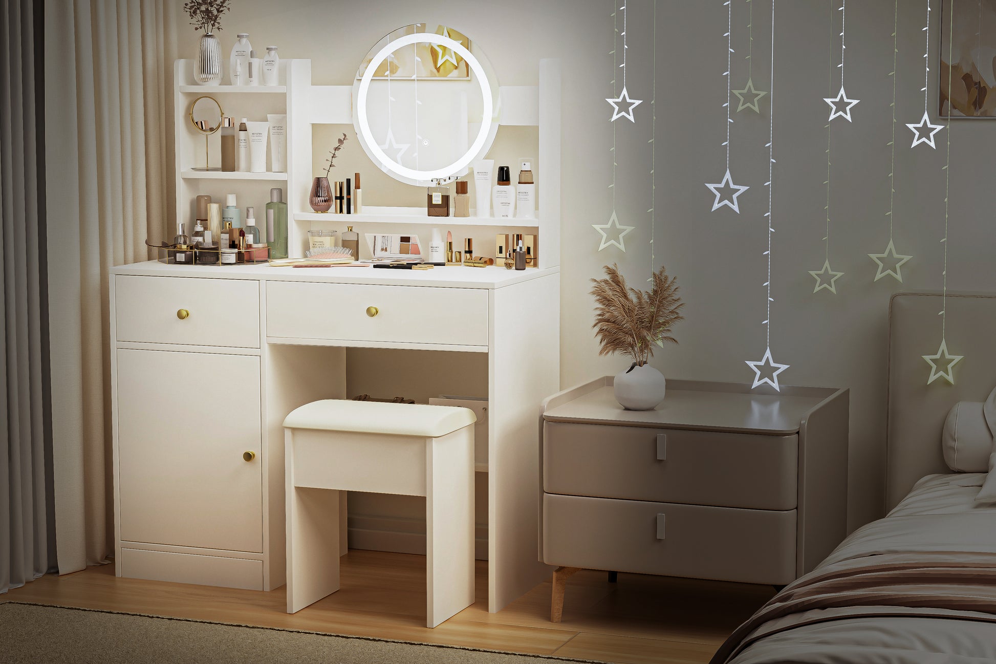 Fashion Vanity Desk With Mirror And Lights For Makeup And Cushioned Ch Fashion Vanity Desk With Mirror And Lights For Makeup And Cushioned Ch