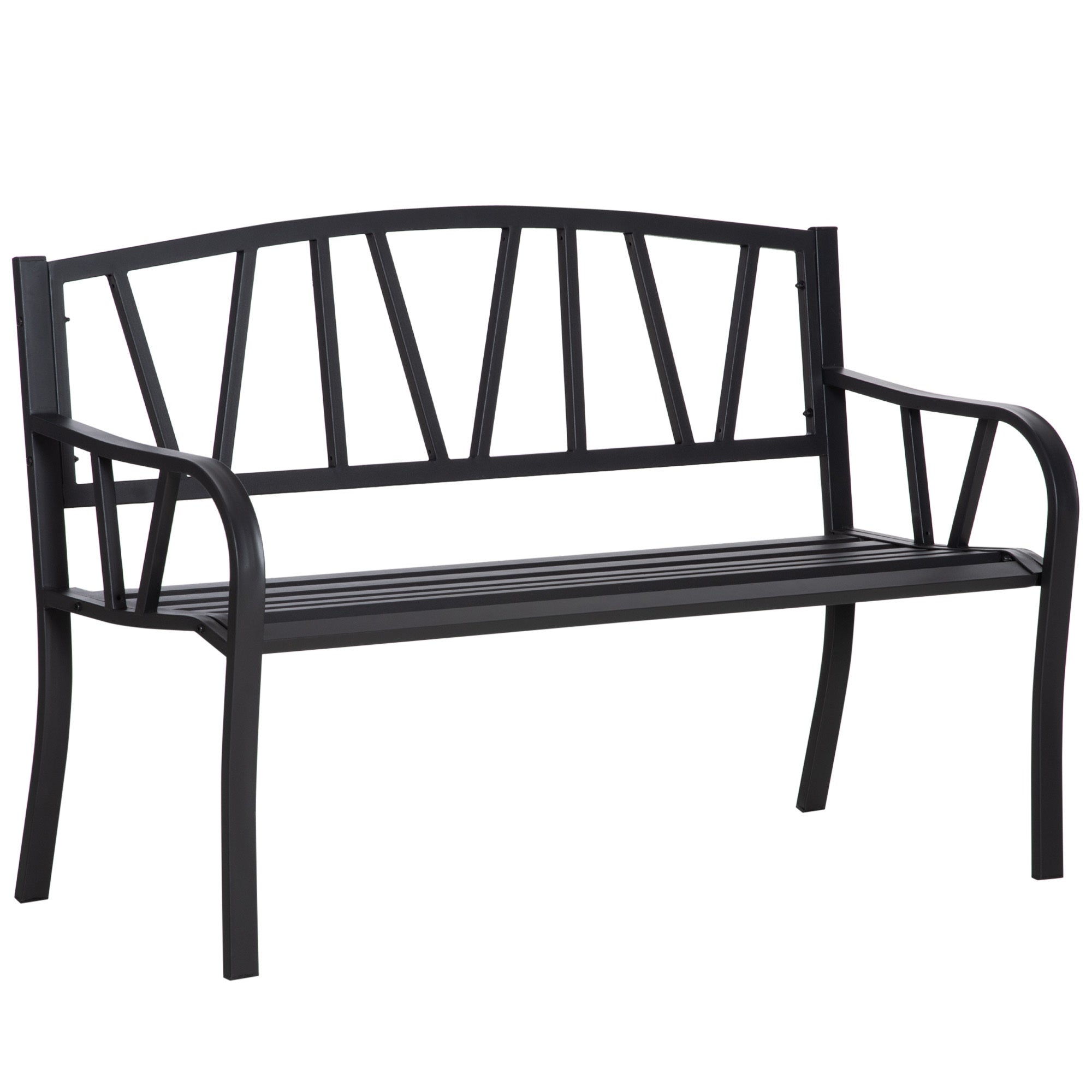 Outsunny 50" Metal Garden Bench, Black Outdoor Bench For 2 People, Park Style Patio Seating, Decor With Smooth Armrests, Slatted Seat And Backrest, Black Black Metal