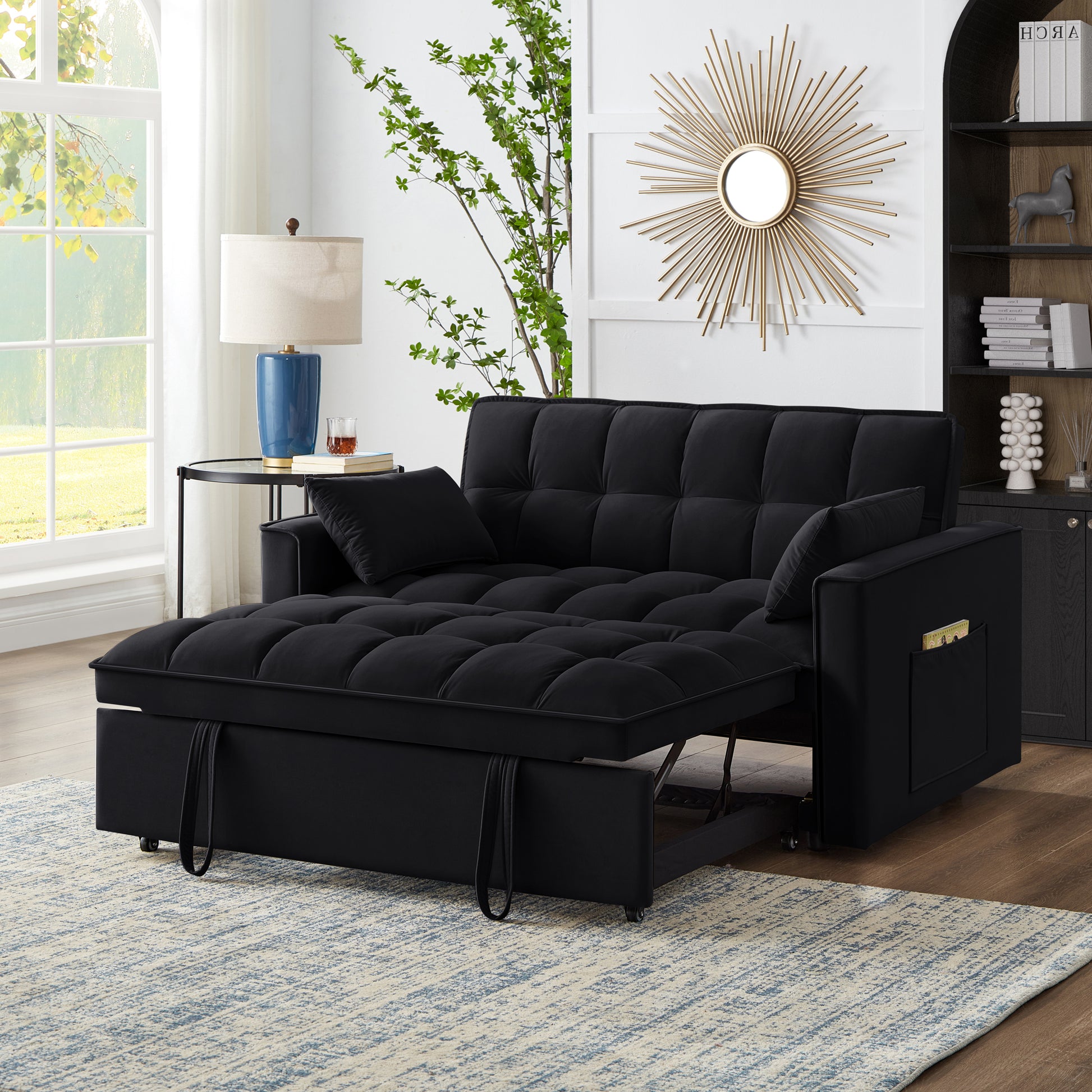 4 In1 Loveseat Sofa Bed With Armrests & Storage Pockets, Multi Function Tufted Pull Out Sofa Bed With Adjustable Backrest And Pillows, Convertible Loveseat Sofa Couch,Black Black Velvet Primary Living Space Medium Soft Tufted Back American