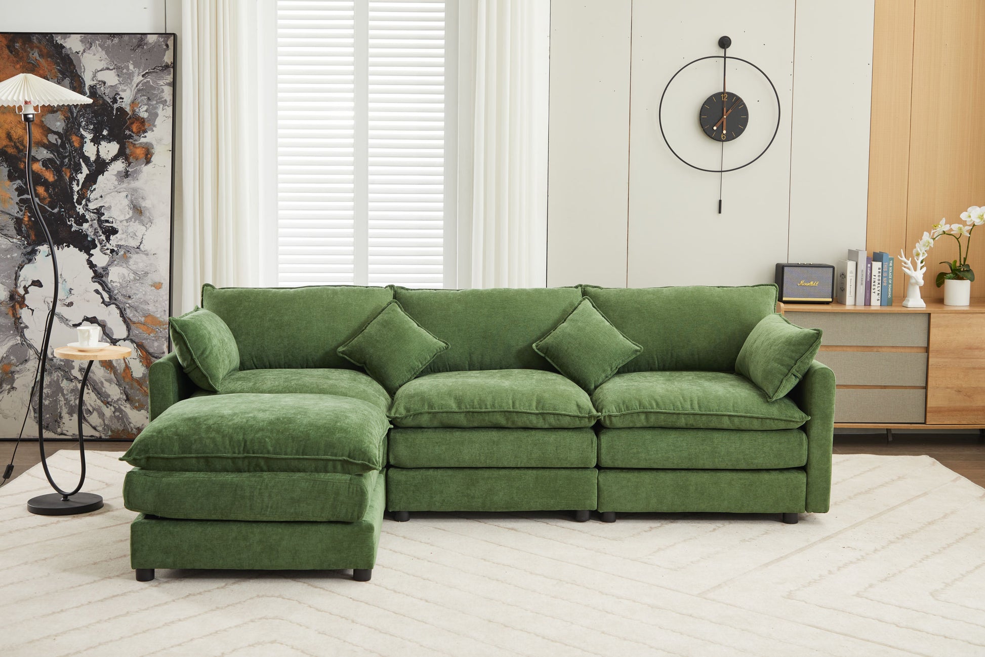 Modular Sectional Sofa, 3 Seater Sofa With Ottoman, Modern L Shaped Sofa For Living Room Bedroom Apartment Green Wood Fabric 4 Seat