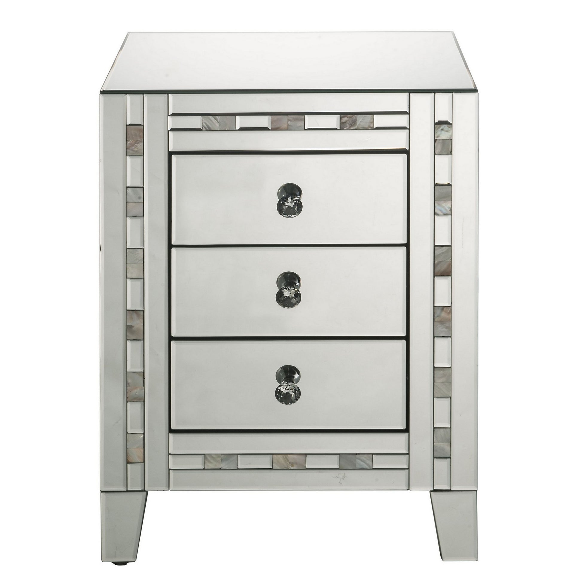 3 Drawer Beveled Mirrored Accent Table With Pearl Inlay, Silver Silver Solid Wood