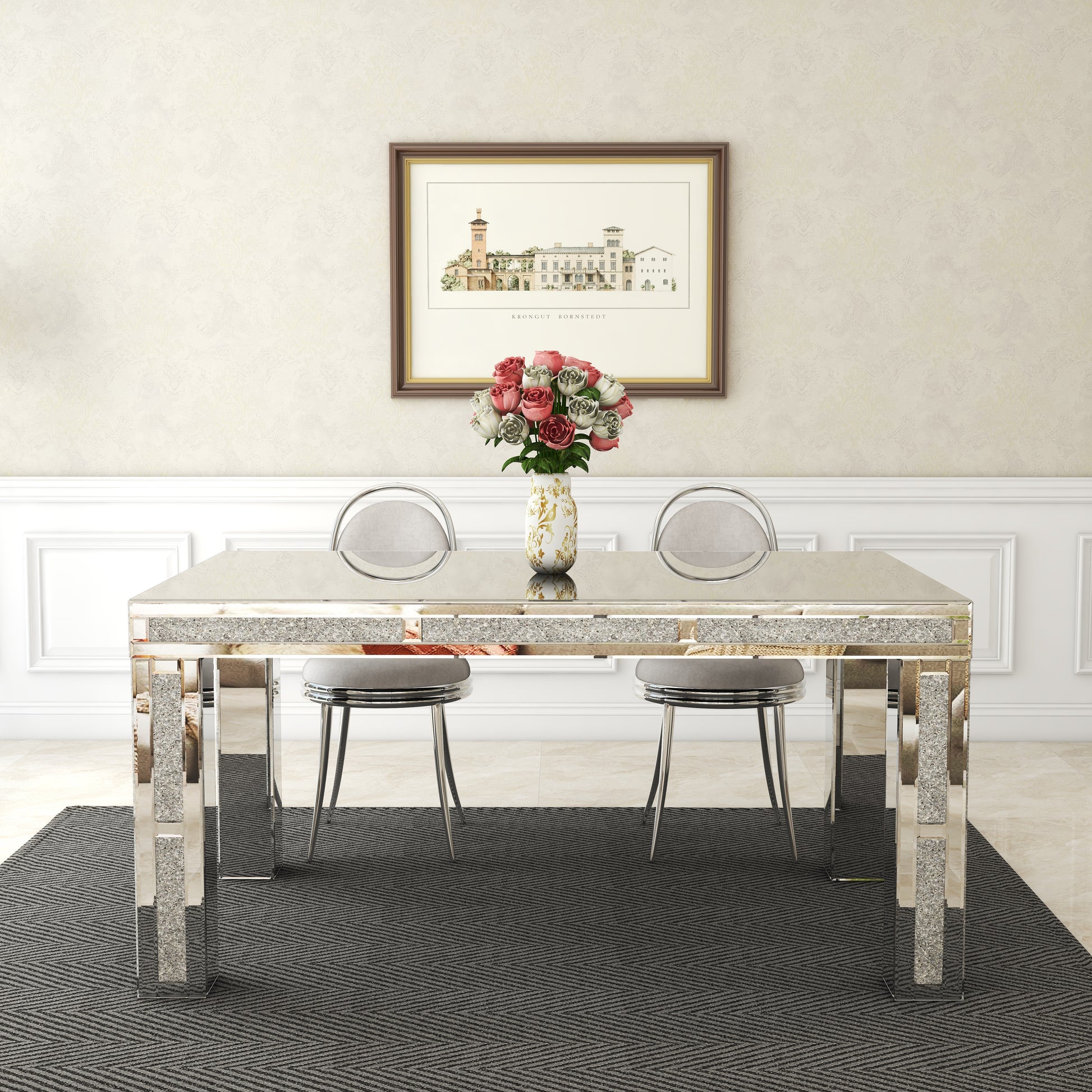 51.18" Mirrored Glass Dining Table With 4 Legs And Crushed Diamond Inlay Silver Seats 6 Mirrored Finish Desk And Hutch Primary Living Space Modern Freestanding Rectangular Kitchen & Dining Tables