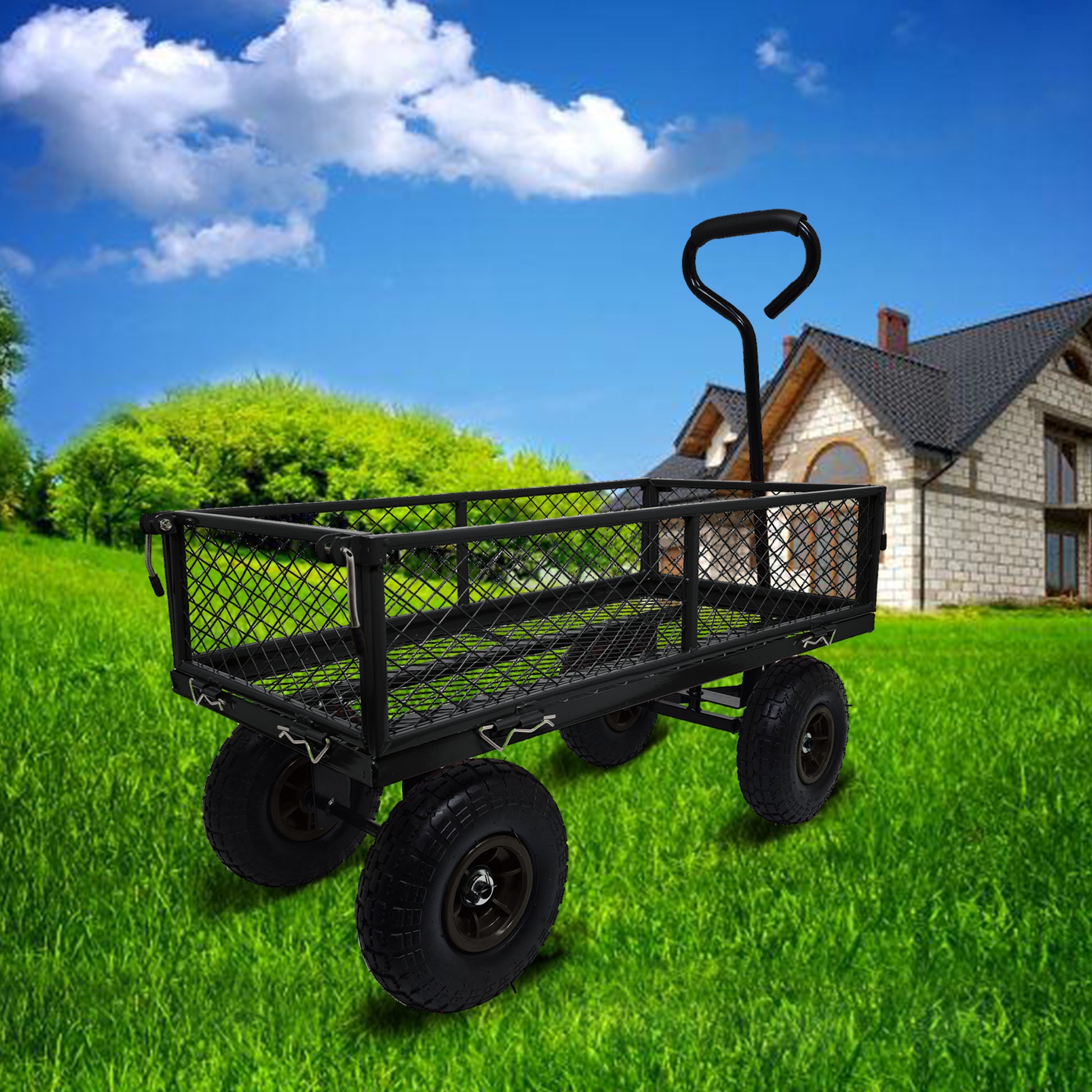 3 Cu. Ft. 300 Lbs. Capacity Removable Sides Metal Steel Mesh Heavy Duty Utility Wagon Outdoor Garden Cart In Black Black Steel