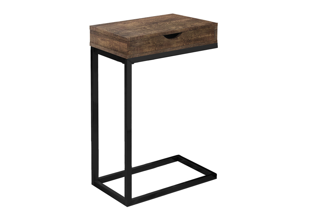 Accent Table, C Shaped, End, Side, Snack, Storage Drawer, Living Room, Bedroom, Brown Laminate, Black Metal, Contemporary, Modern Brown Particle Board