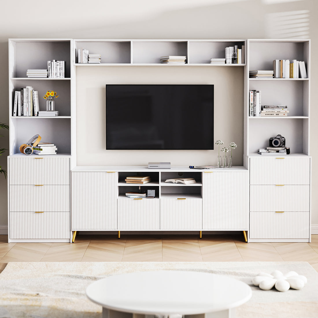 4 Piece Entertainment Wall Unit With 13 Shelves,8 Drawers And 2 Cabinets, Multifunctional Tv Stand Media Storage Cabinet With Fluted Line Surface For Living Room, For Tvs Up To 70" White 60 69 Inches Mdf