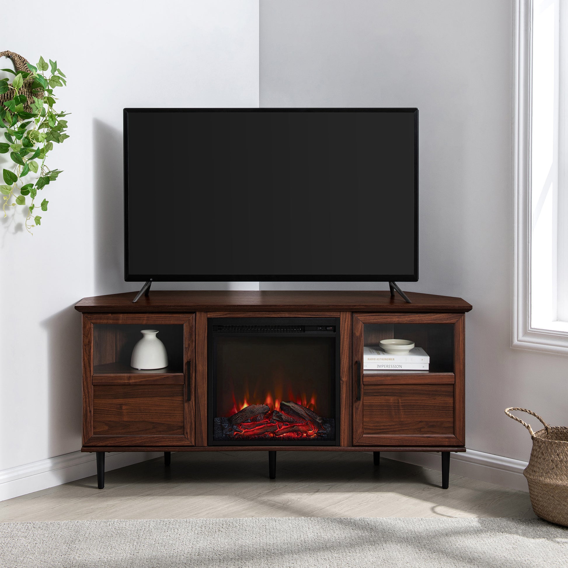 Modern Angled Side Fireplace Corner Tv Stand For Tvs Up To 10015 Dark Walnut Dark Brown Mdf Mdf