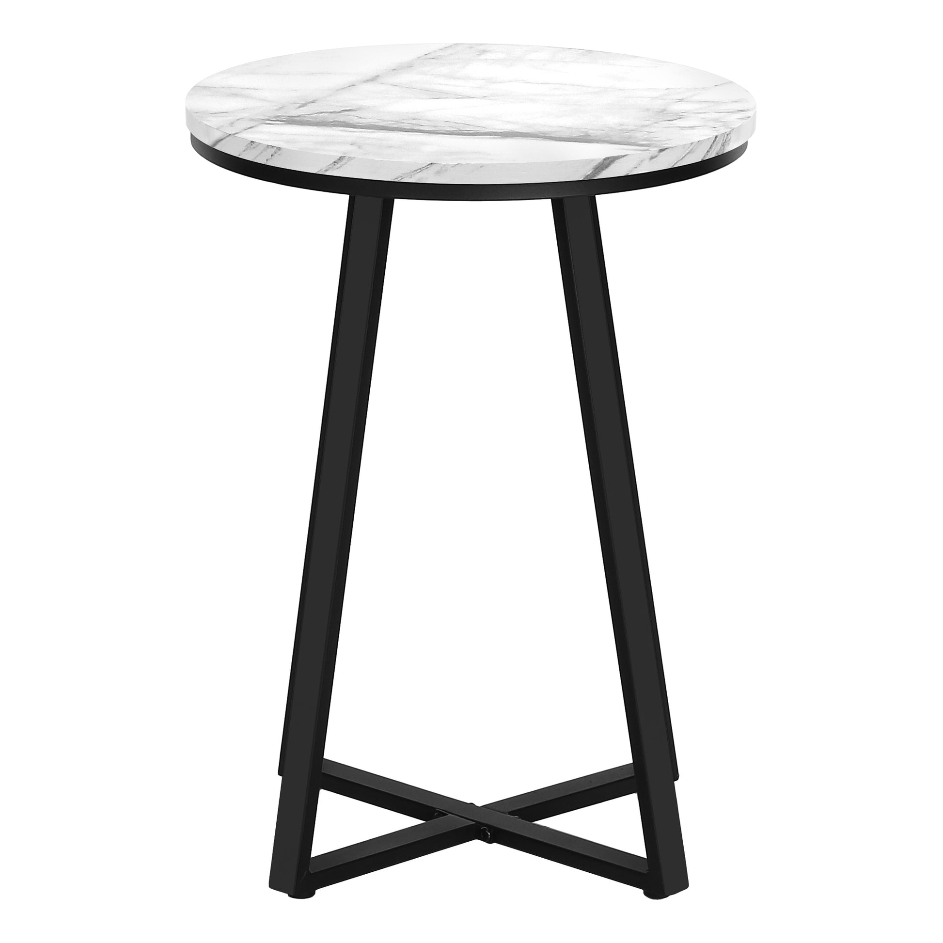 Accent Table, Side, Round, End, Nightstand, Lamp, Living Room, Bedroom, White Marble Look Laminate, Black Metal, Contemporary, Modern White Metal