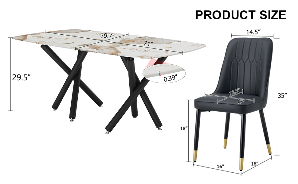 1 Table And 8 Chairs Set.A Rectangular Dining Table With A 0.39 Inch Imitation Marble Tabletop And Black Metal Legs.Paired With 8 Chairs With Pu Leather Seat Cushion And Black Metal Legs.F 1538,C 007 Black Glass Metal