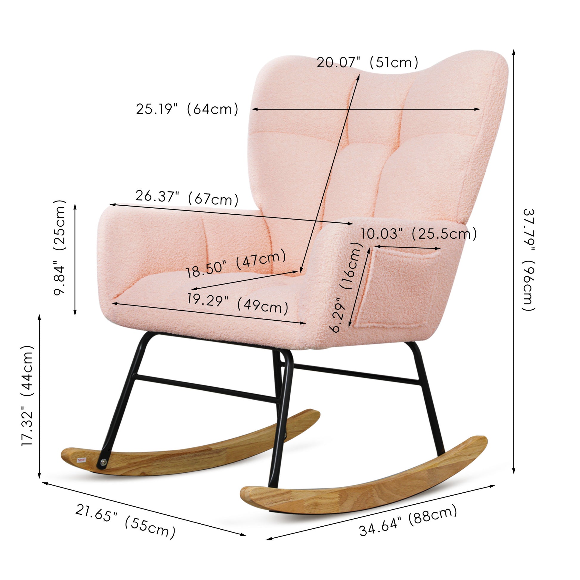 Teddy Fabric Rocking Chair, Upholstered Rocker Armchair With High Backrest, Modern Rocking Accent Chair For Nursery, Living Room, Bedroom, Pink Metal Pink Light Brown Bedroom Foam Wipe Clean Modern Rocking Chairs Rubberwood Tufted Back Foam Fabric