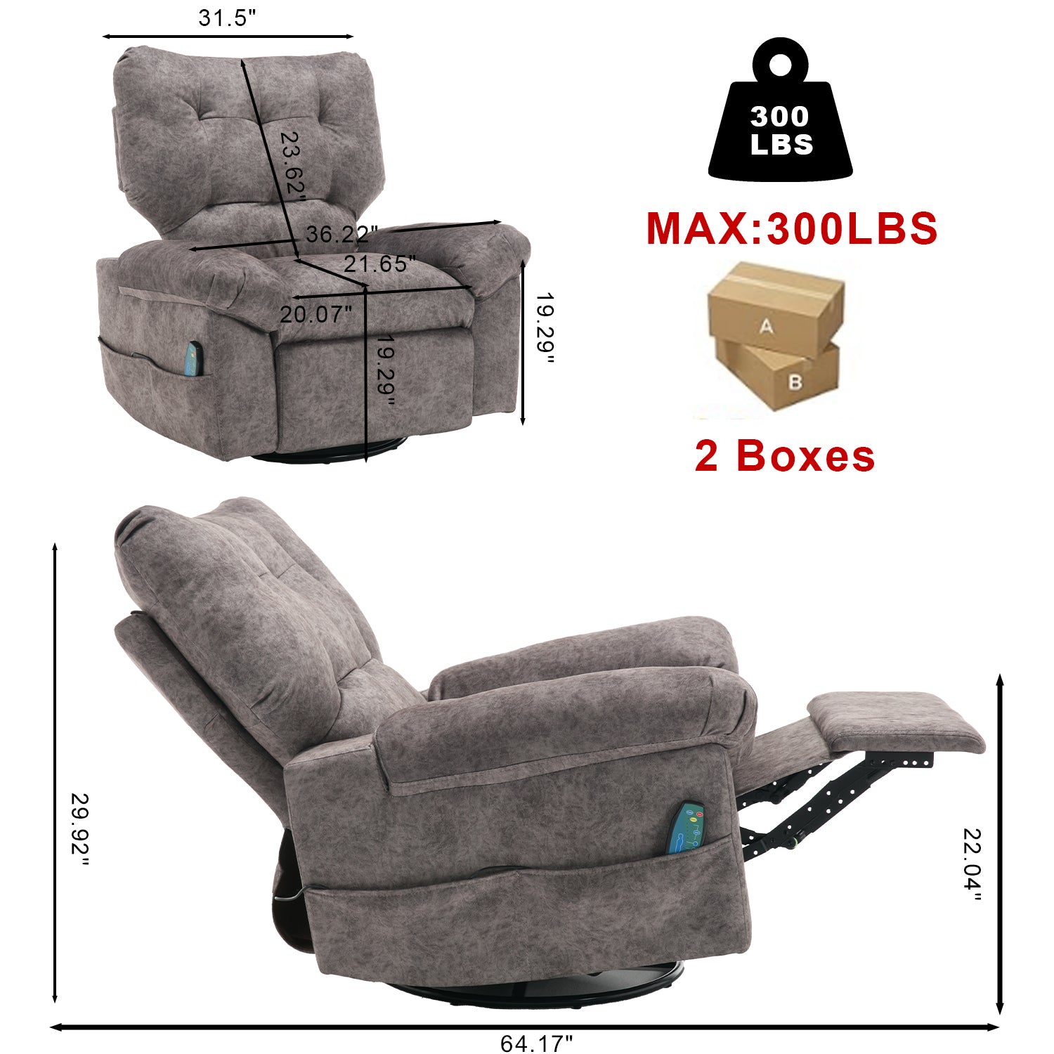 Overstuffed Rocker Recliner Chair With Massage And Heat, 360 Swivel Fabric Wide Seat Single Sofa Lounge Chairs With Side Pocket, Manual Home Theater Recliners For Living Room Grey Metal Soft Heavy Duty Textile