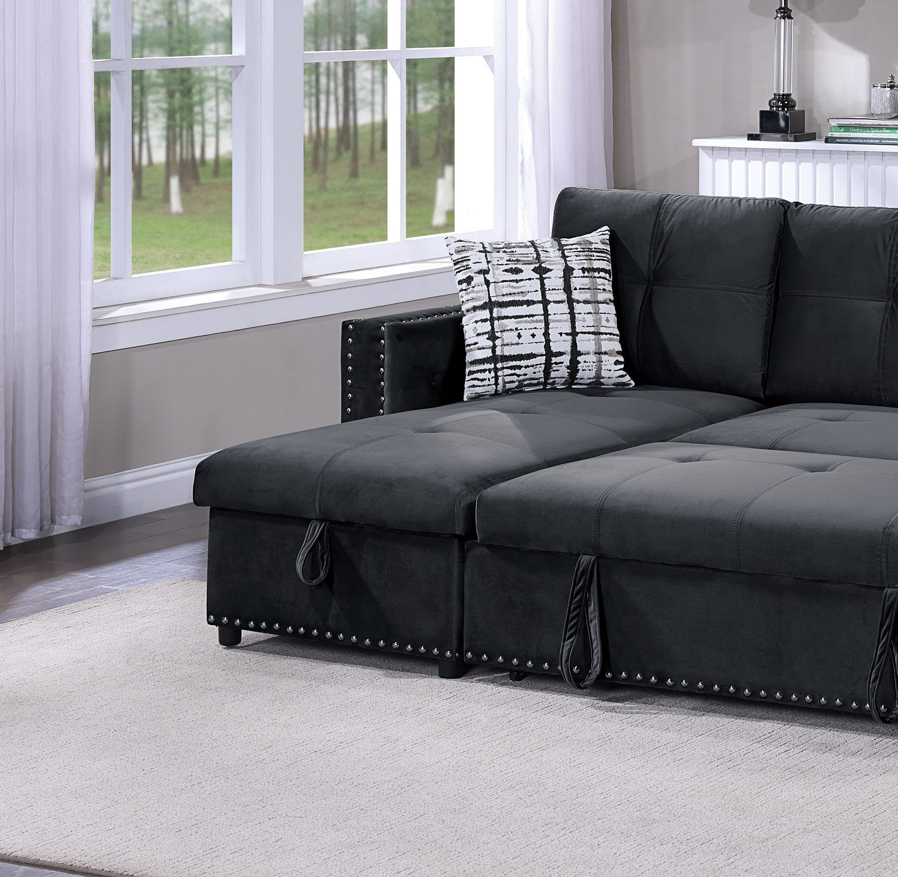 Black Velvet Convertible Sectional Sofa Pull Out Bed Couch Storage Chaise Tufted Reversible 2Pc Sectional Living Room Black Primary Living Space Tufted Back Contemporary,Modern L Shaped Square Arms Velvet 4 Seat