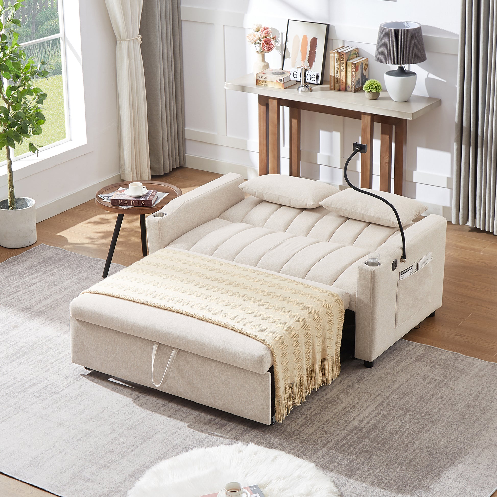 55.9" Convertible Sofa Bed Loveseat Sofa With Three Usb Ports, Two Side Pockets, Two Cup Holders And 360 Swivel Phone Holder For Living Room, Beige Beige Foam Polyester