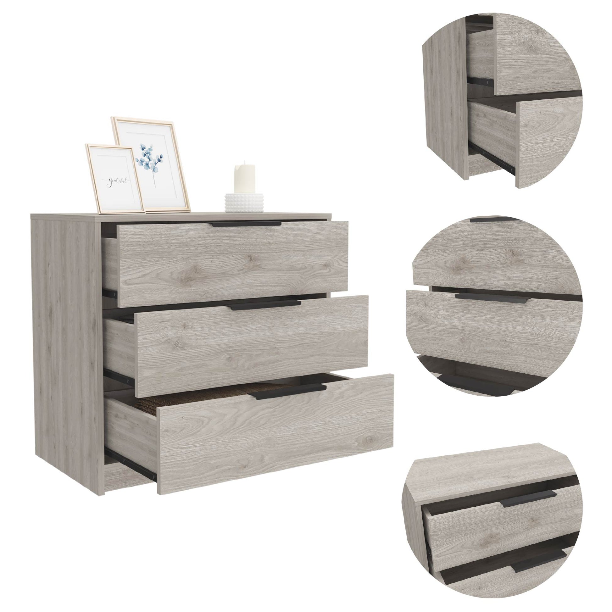 Kaia 3 Drawers Dresser, Superior Top Light Gray Gray Bedroom Modern Particle Board Particle Board