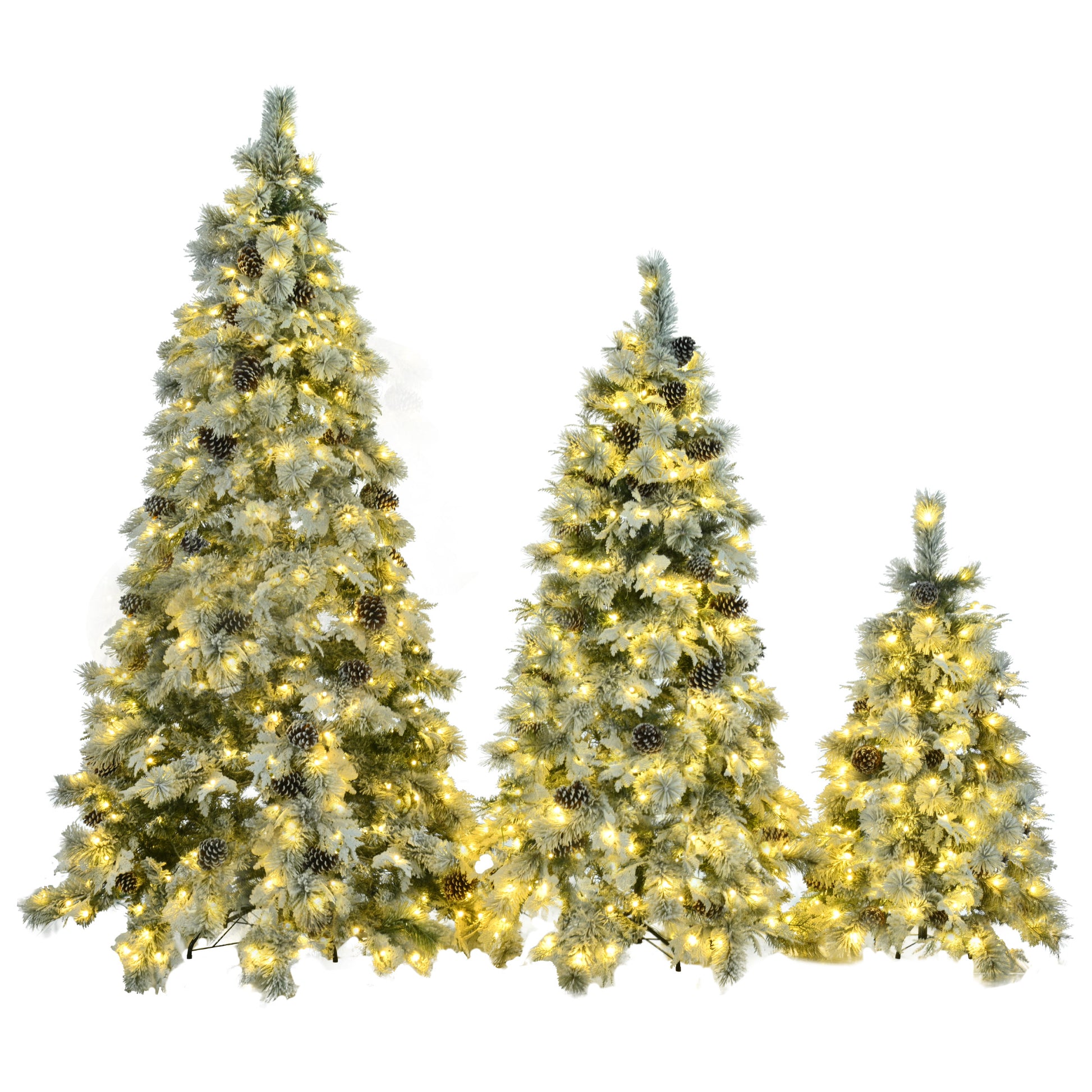 Pre Lit Spruce Snow Flocked Xmas Tree Set 4Ft, 6Ft, 7.5Ft With Pine Cones, Pe & Pvc Mixed Leaves, Artificial Hinged Xmas Tree With 820 Led Lights & 11 Flashing Modes, Perfect For Holiday Decoration White Green Polyethylene,Pvc