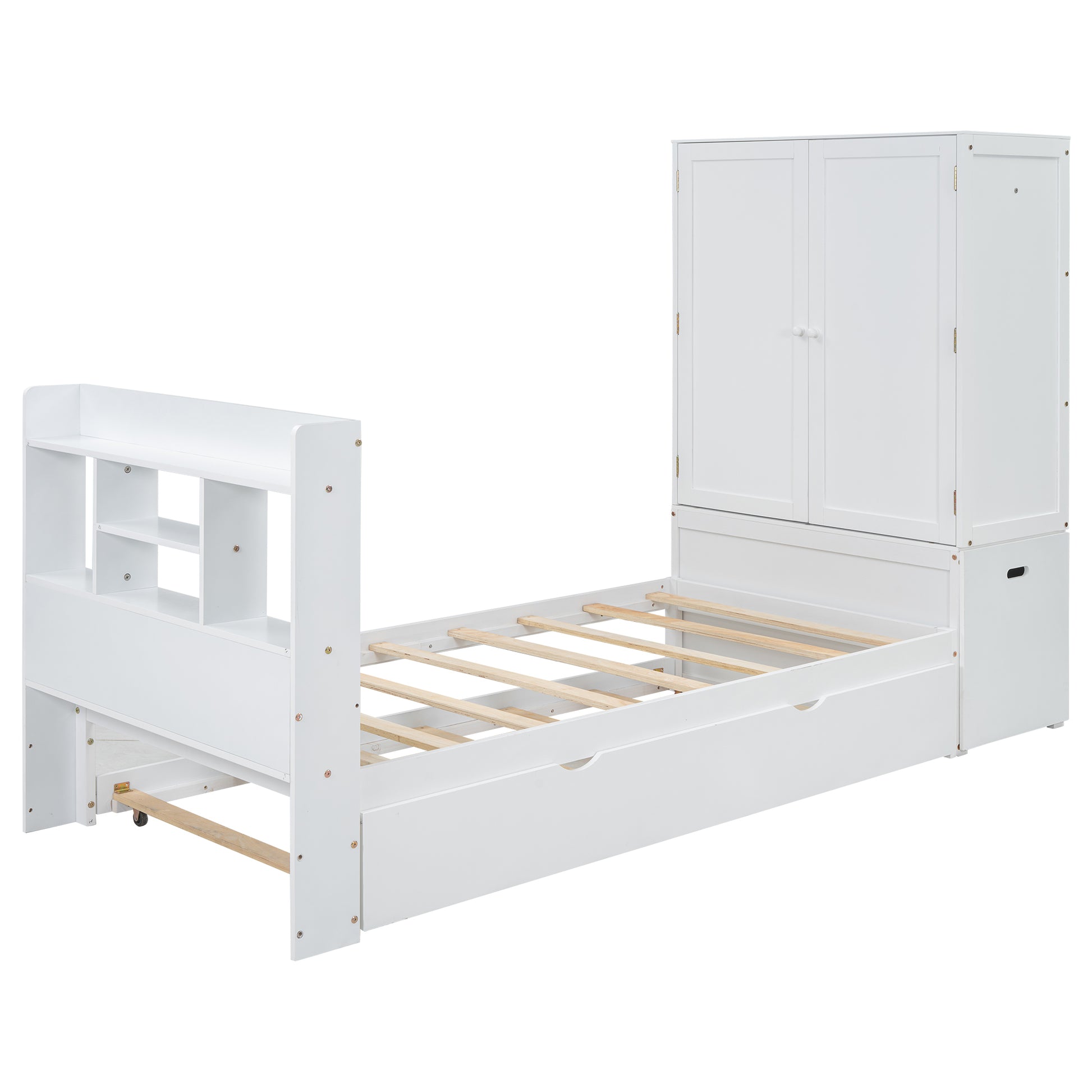 Twin Size Platform Bed With Storage Headboard And Footboard, Pull Out Shelves And Twin Size Trundle, White Box Spring Not Required Twin White Wood Bedroom Bed Frame Solid Wood Mdf