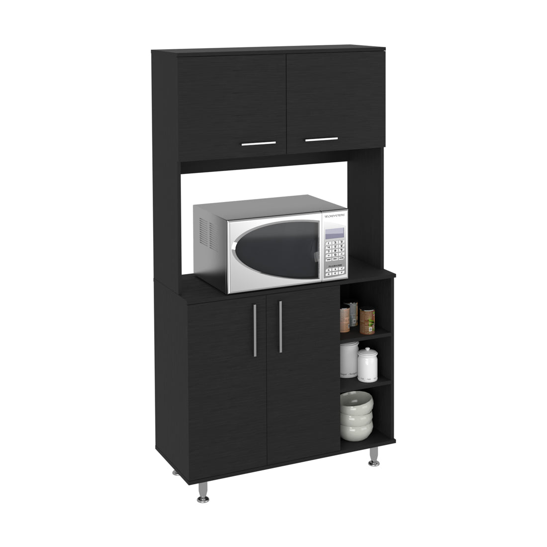 Kitchen Pantry Double Door Cabinet, Four Legs, Three Shelves, Black Black Solid Wood Mdf Engineered Wood