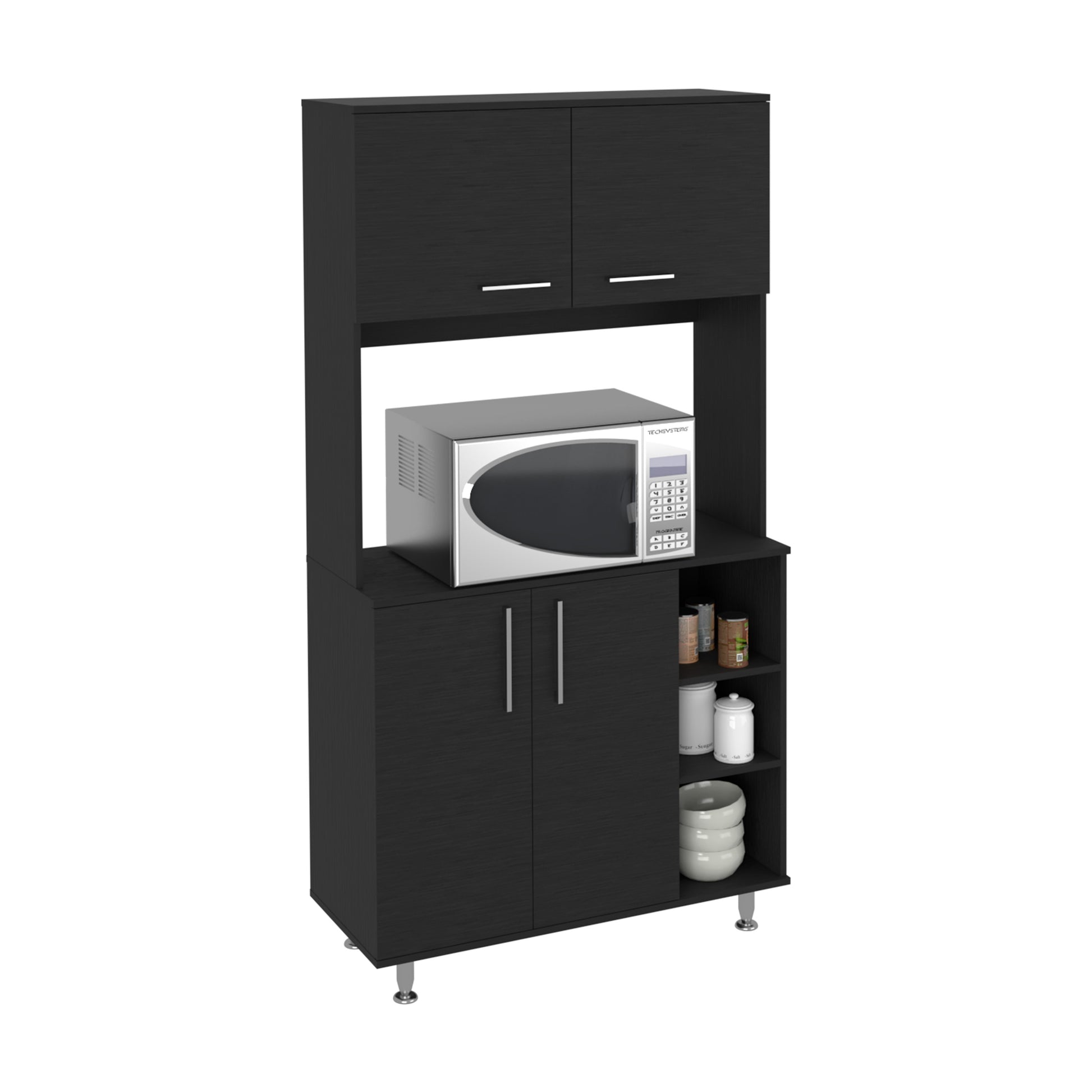 Kitchen Pantry Double Door Cabinet, Four Legs, Three Shelves, Black Black Solid Wood Mdf Engineered Wood