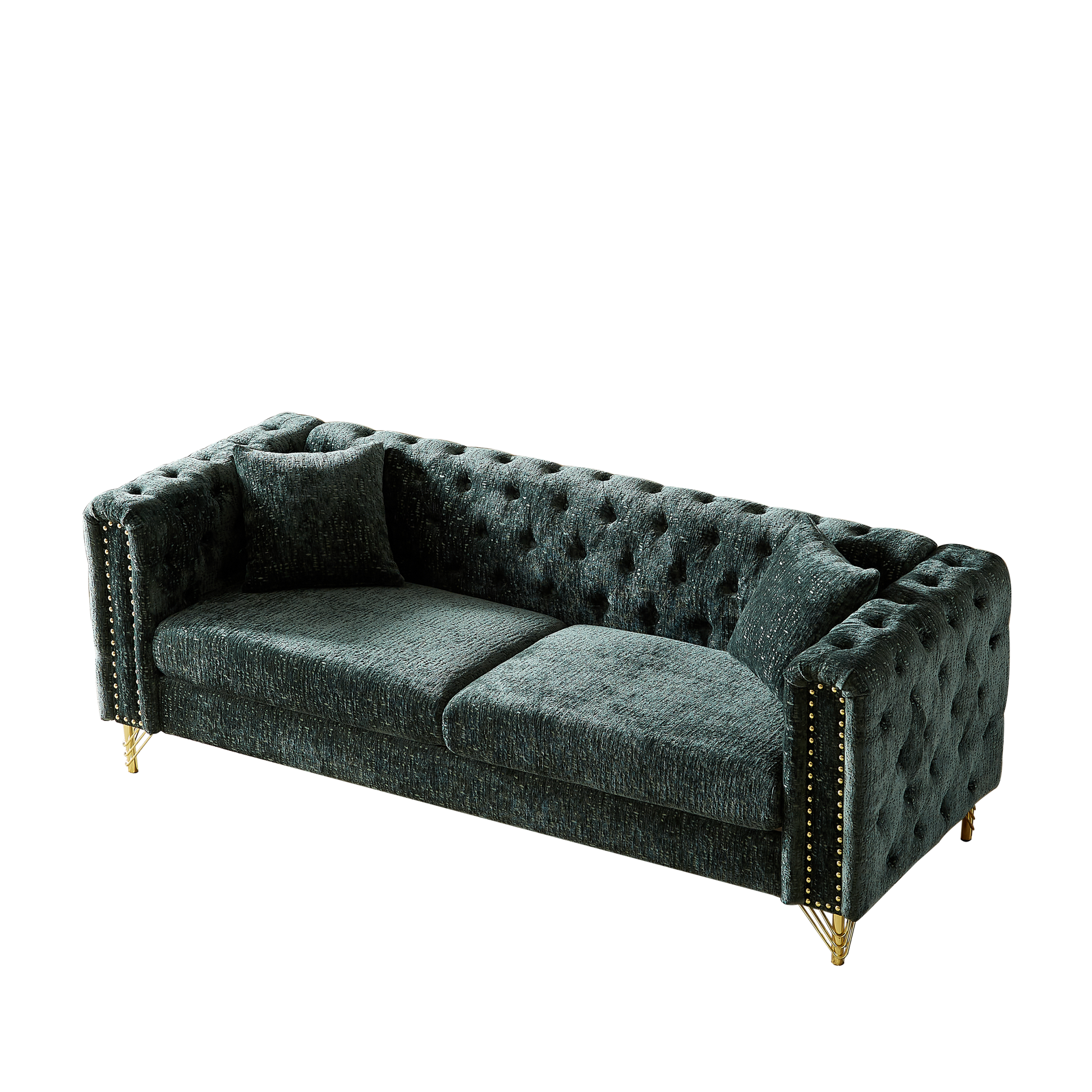 82 Inch Chenille Pull Buckle Design Sofa For Living Room,Buttons Tufted With Copper Nail Decoration Armrest, Modern Couch Upholstered Button And Metal Legs Green Foam Chenille 3 Seat