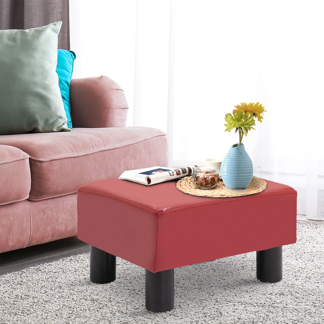 Homcom Ottoman Foot Rest, Small Foot Stool With Faux Leather Upholstery, Rectangular Ottoman Footrest With Padded Foam Seat And Plastic Legs, Red Red Plastic