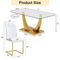 Table And Chair Set.Modern Rectangular Dining Table With Transparent Tempered Glass Tabletop And Gold Plated Metal Legs.Paried With 6 Comfortable Chairs With Pu Seats And Golden Metal Legs. Transparent,White Gold Seats 6 Glass Metal