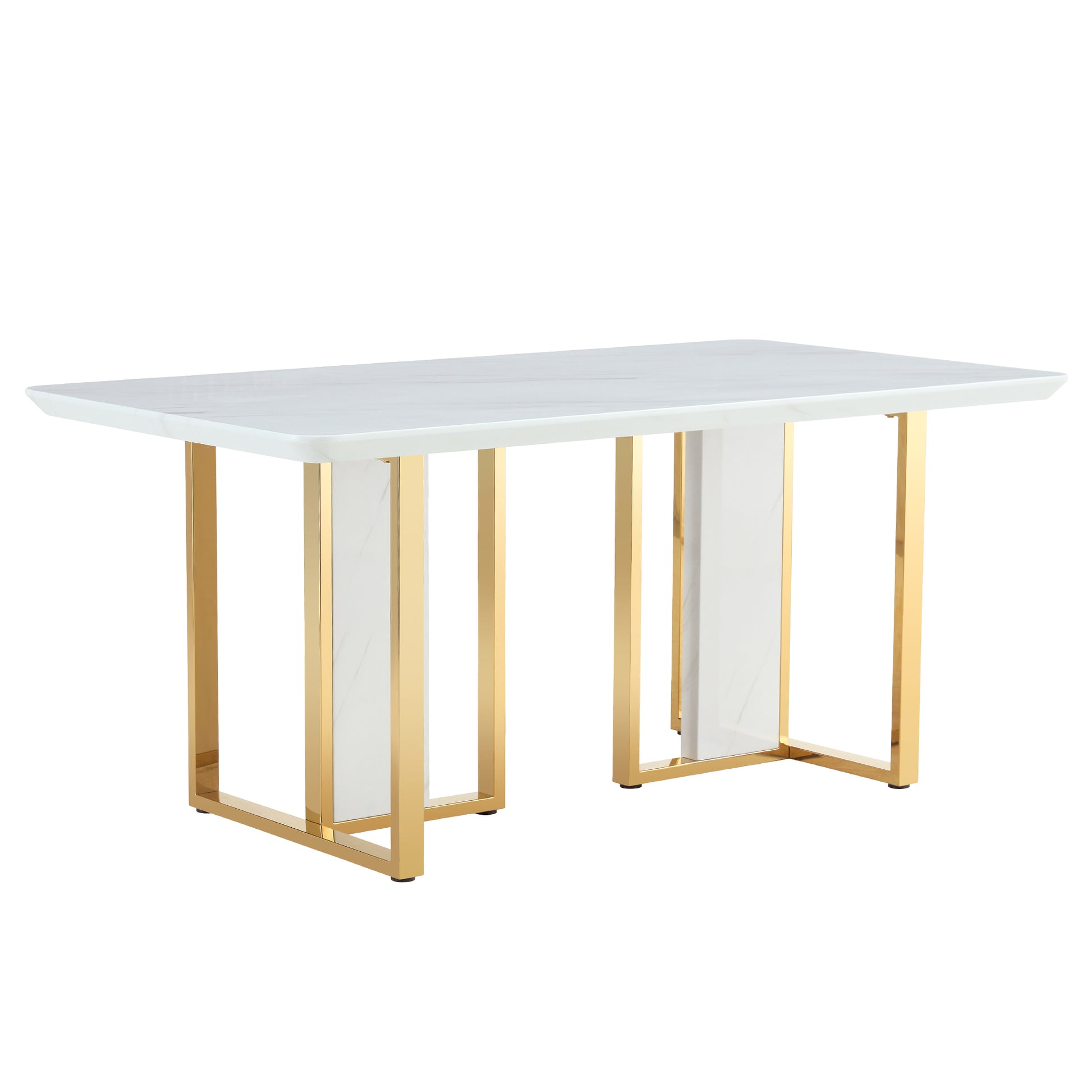 Table And Chair Set.67"X36" White Marble Pattern Mdf Dining Table Set With 8 Black Pu Chairs.Mdf Sticker,White Marble Pattern Sticker,Gold C Tube Chair Legs,Suitable For Kitchen,Dining Room,Etc.