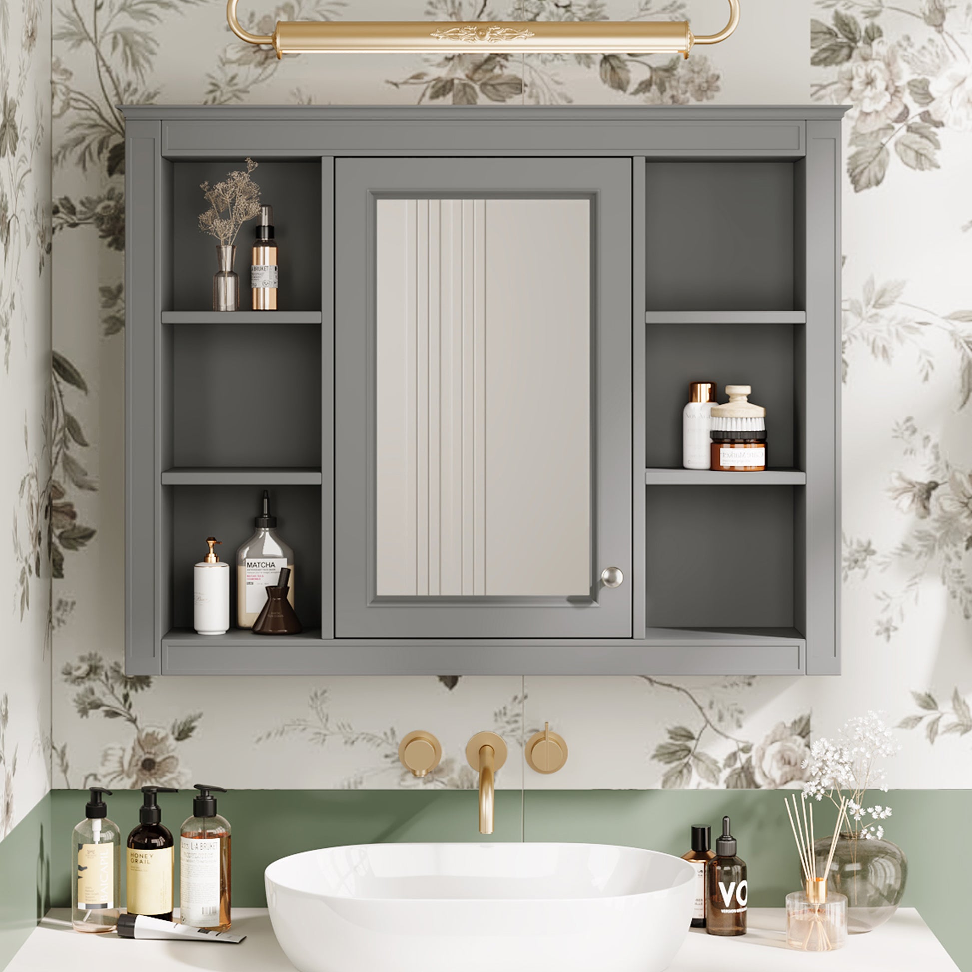 35'' X 27.5'' Medicine Cabinet, Wall Mounted Bathroom Storage Cabinet, Modern Bathroom Wall Cabinet With Mirror, Mirror Cabinet With 6 Open Shelves Not Include Bathroom Vanity Grey 1 5 Mirror Included Bathroom Wall Mounted Mdf Painted