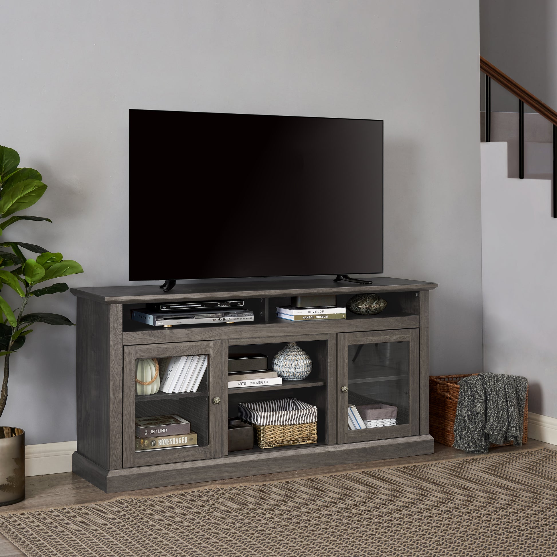 Modern Tv Stand Media Stand Modern Entertainment Console For Tv Up To 65" With Open And Closed Storage Space, Dark Walnut Black, 60"W*15.75"D*29"H Black Dark Walnut 60 69 Inches Mdf