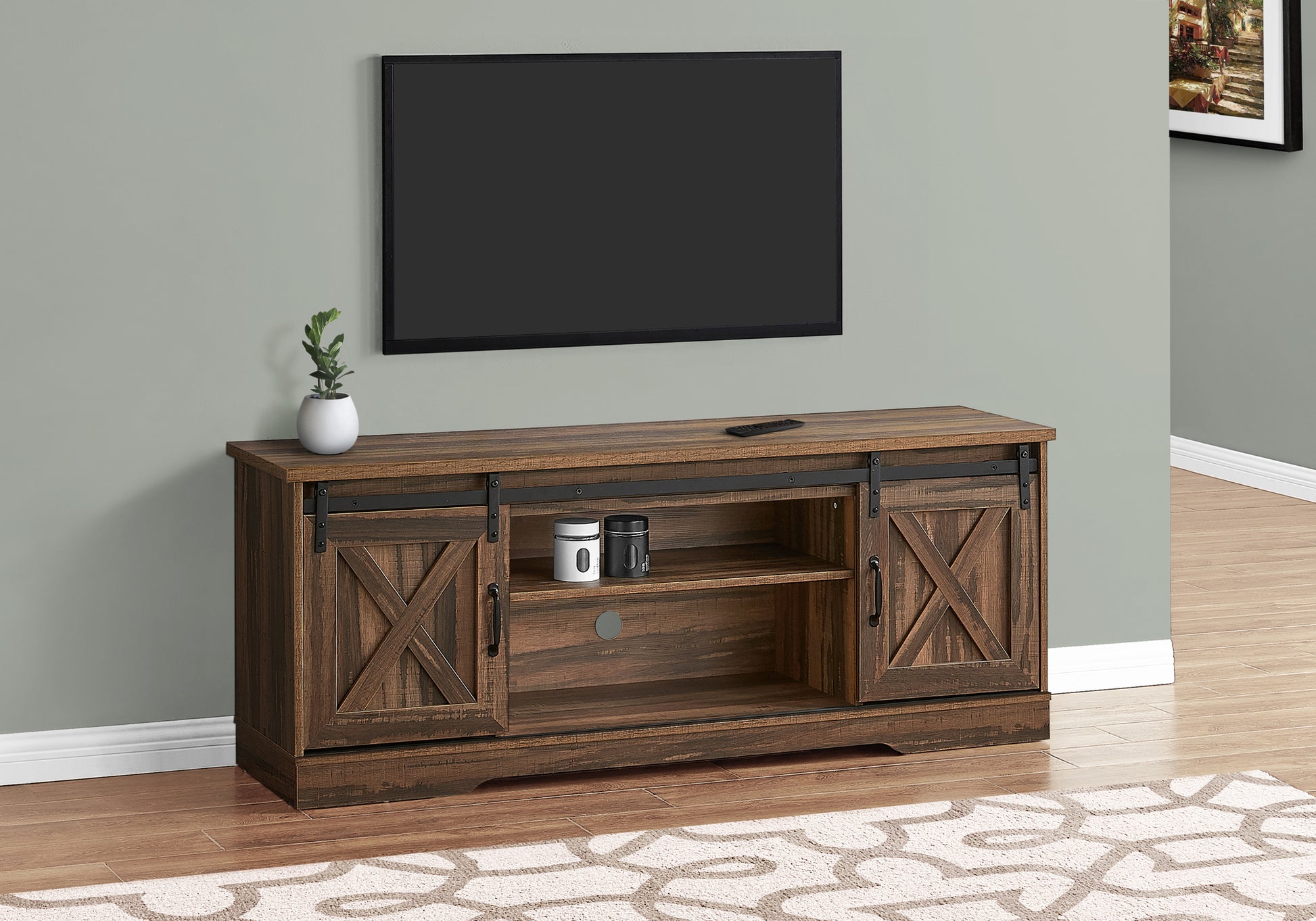 Tv Stand, 60 Inch, Console, Media Entertainment Center, Storage Cabinet, Living Room, Bedroom, Brown Laminate, Transitional Brown 80 89 Inches Particle Board