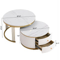 Modern 2 Pieces White Round Nesting Coffee Table With Drawers In 27.6'' Gold White Drawers Coffee & End Tables Glossy Round Metal Mdf Pedestal