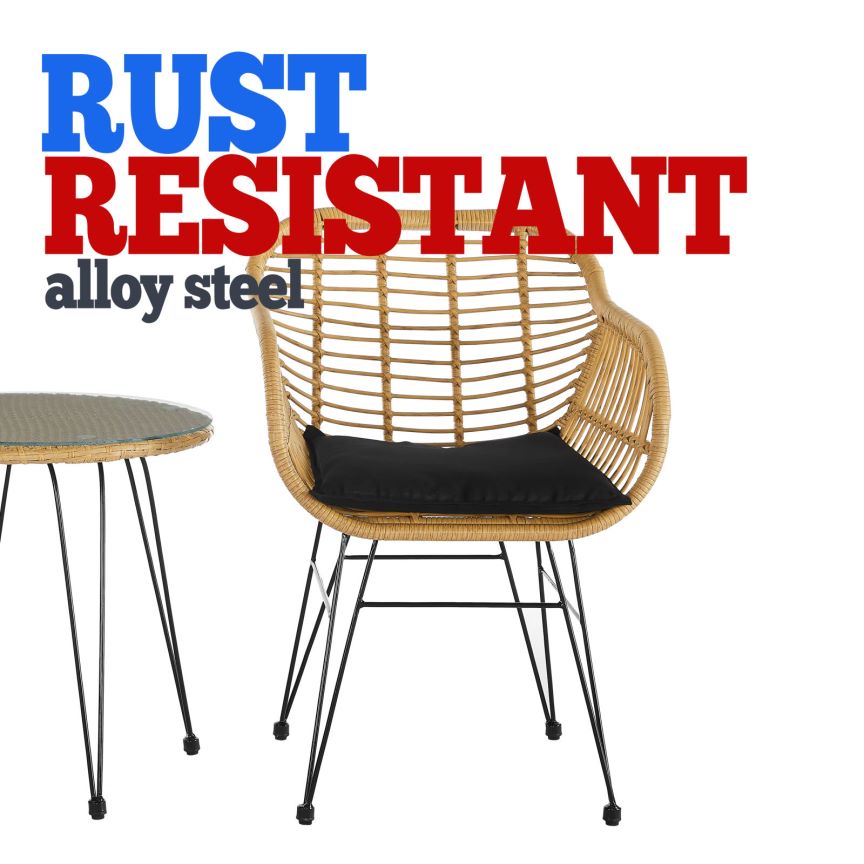 St.Lucia 3Pc Casual Outdoor Set Natural With Black Blue Cushion Black Brown Pe Rattan Iron