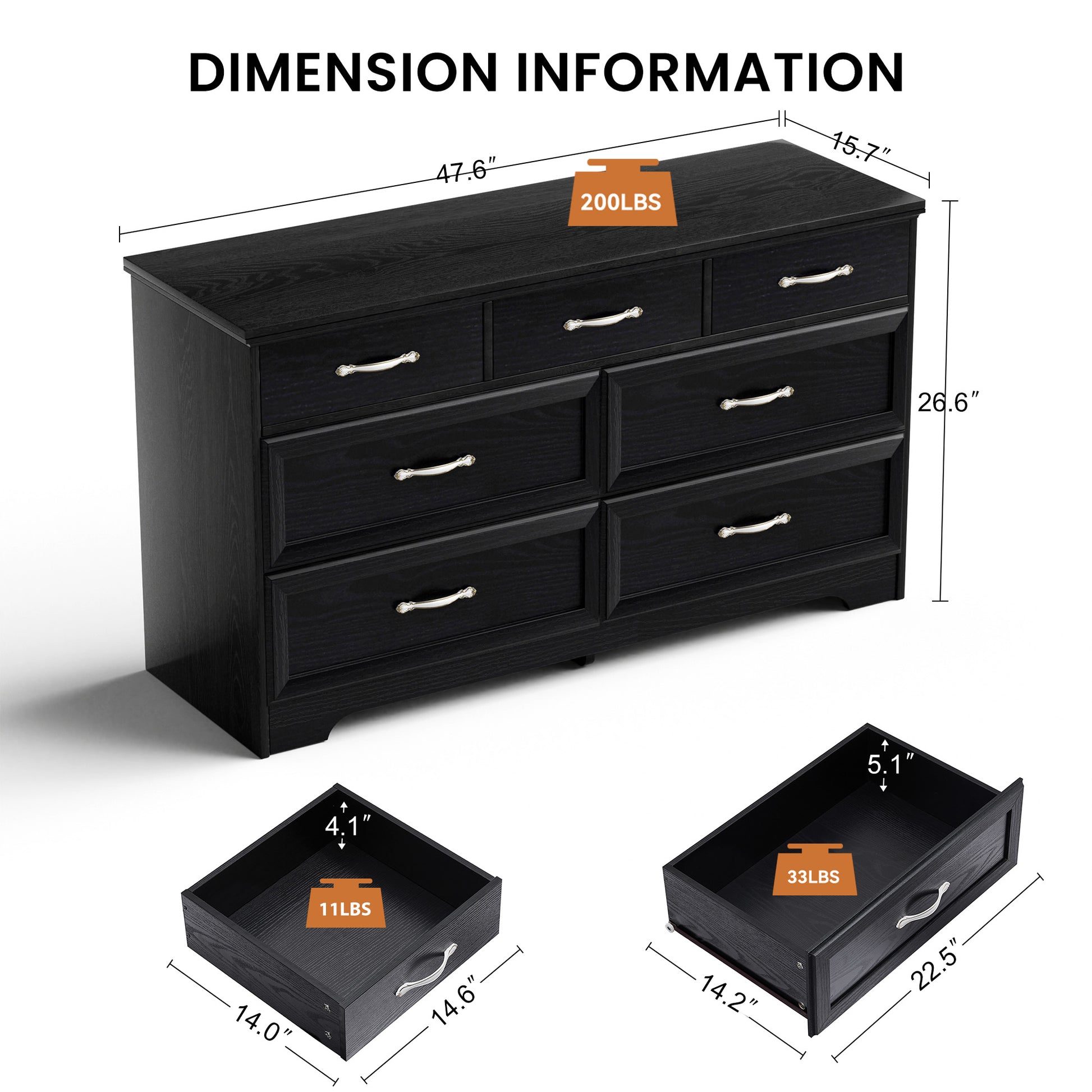 Modern 3 Drawer Bedroom Chest Of Drawers With 7 Drawers Dresser, Clothes Organizer Metal Pulls For Living Room, Bedroom, Hallway, Black, 47.6 L X 15.7 W X 26.6 H 5 Or More Drawers Black Particle Board Mdf