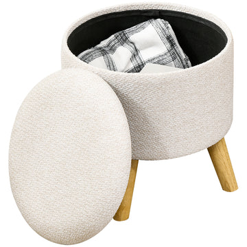 Homcom Storage Ottoman, Round Stool Chair With Cushioned Top, Cream White Cream White Polyester