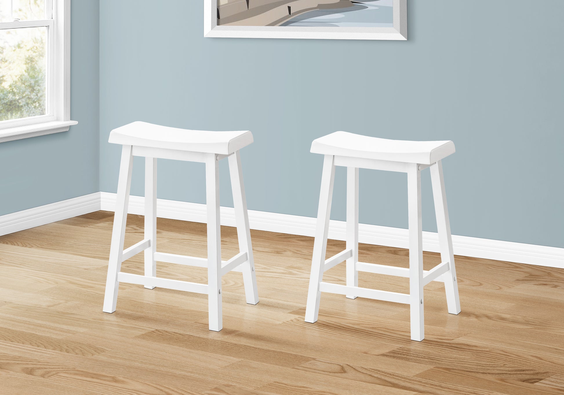 Bar Stool, Set Of 2, Counter Height, Saddle Seat, Kitchen, White Wood, Contemporary, Modern White Solid Wood