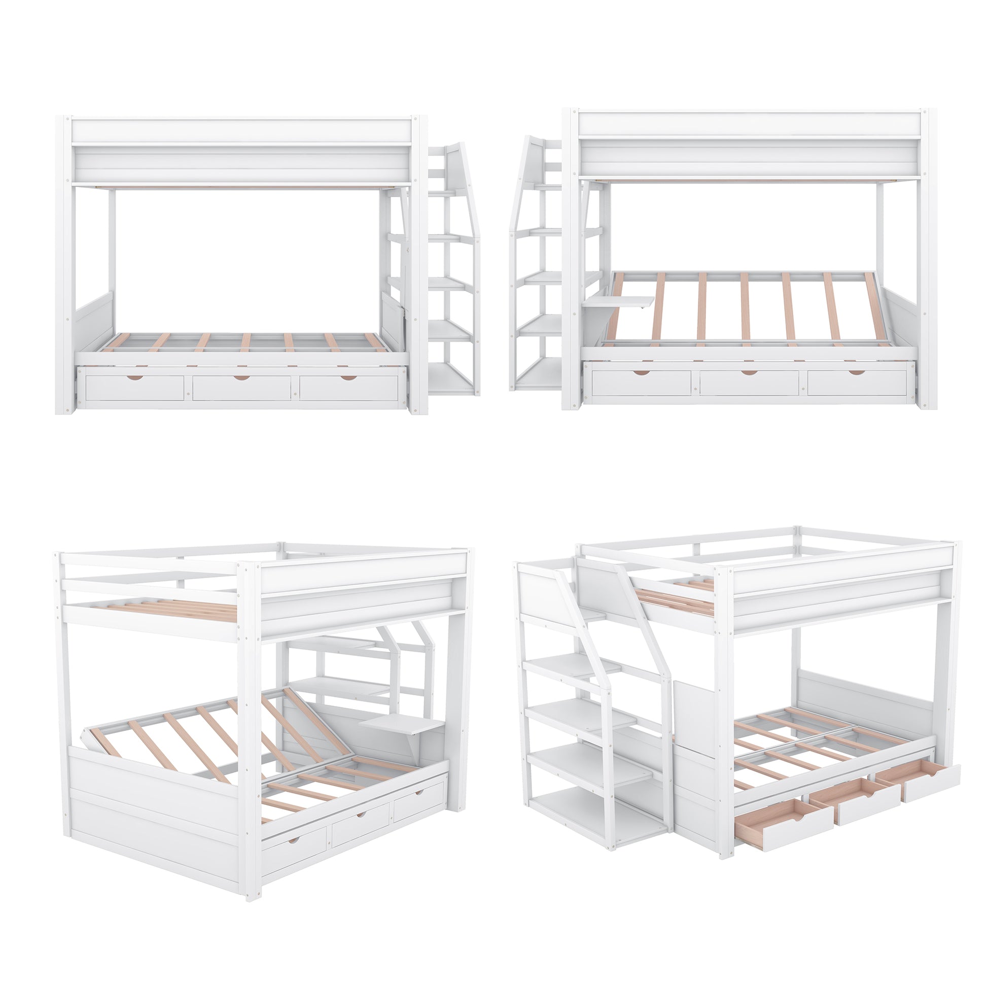 Wood Full Size Convertible Bunk Bed With Storage Staircase, Bedside Table, And 3 Drawers, White White Solid Wood Mdf