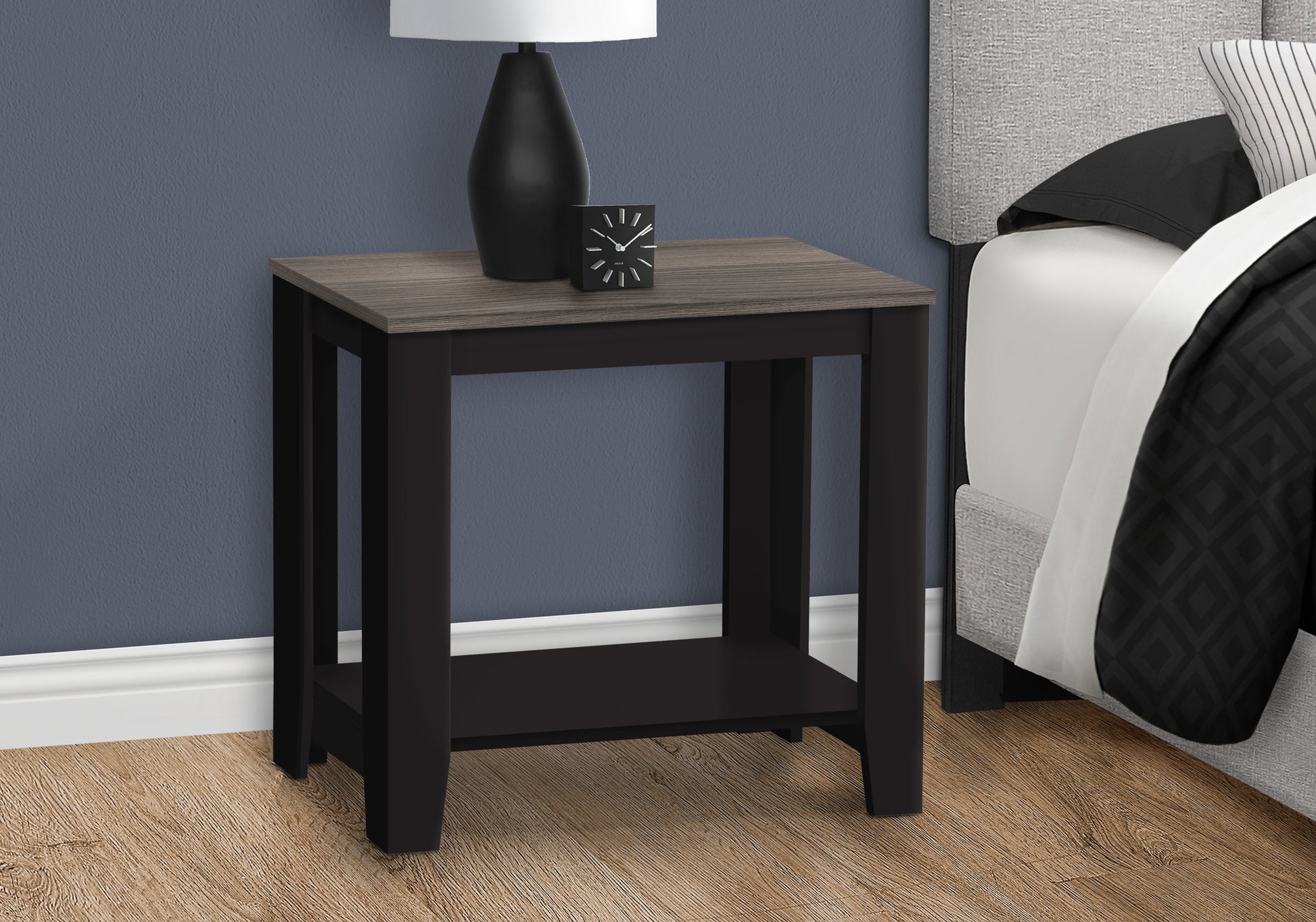 Accent Table, Side, End, Nightstand, Lamp, Living Room, Bedroom, Black And Grey Laminate, Transitional Black Particle Board