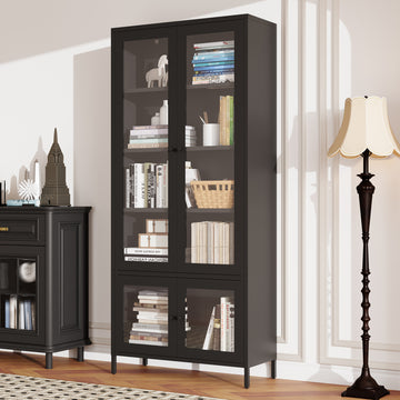 Large Metal Storage Cabinet Display Cabinet With 4 Glass Doors 5 Shelves Side Cabinet Bookcase Freestanding Cabinet For Bedroom Living Room Pantry Home Office Black, Reinforced Tempered Glass Freestanding 5 Or More Shelves Black Primary Living Space