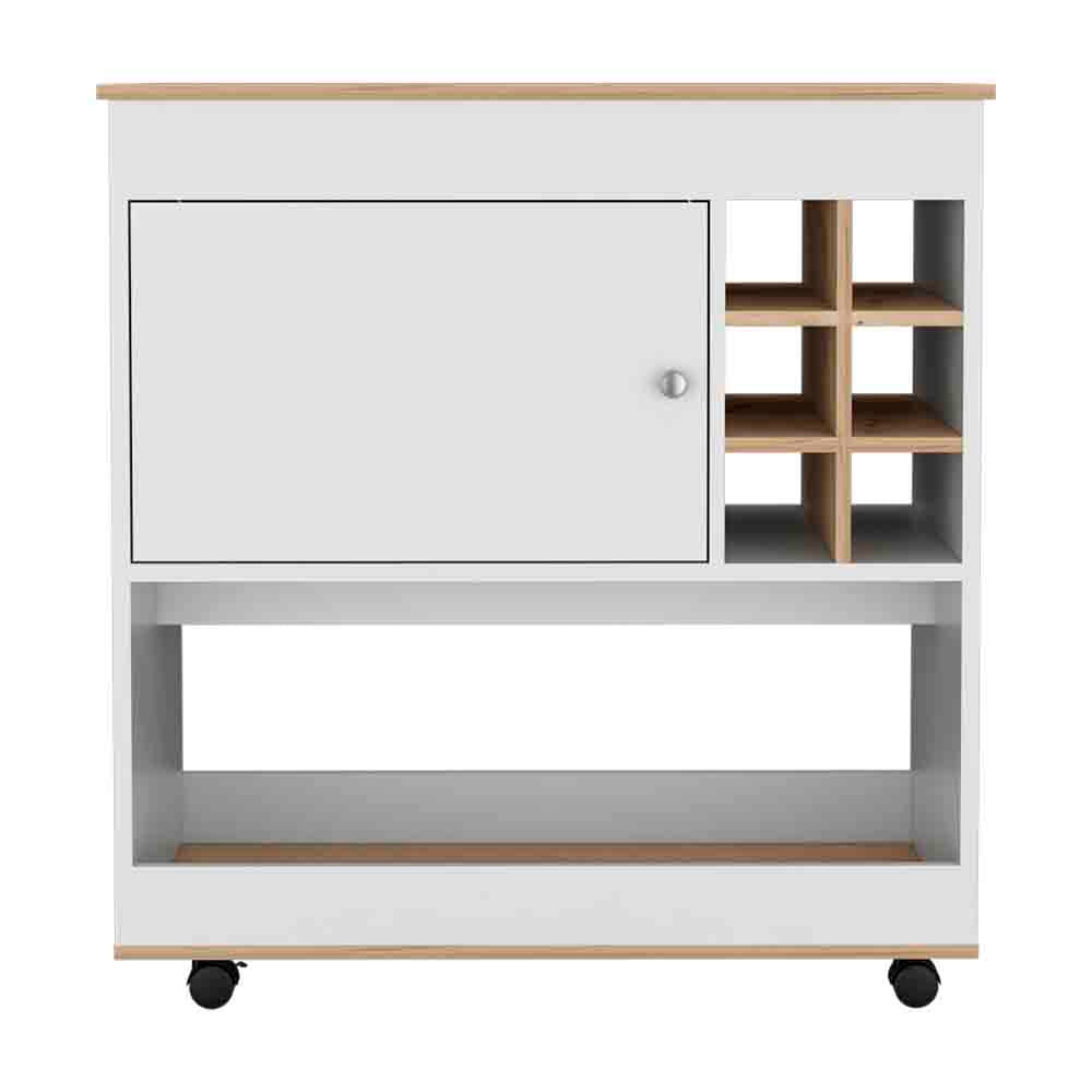 37" H Light Oak White Bar Coffee Cart, Kitchen Or Living Room Cabinet, With 4 Wheels, Central Storage With 2 Doors, Division For 6 Bottles And A Shelf With A Wooden Front On The Bottom. Multicolor