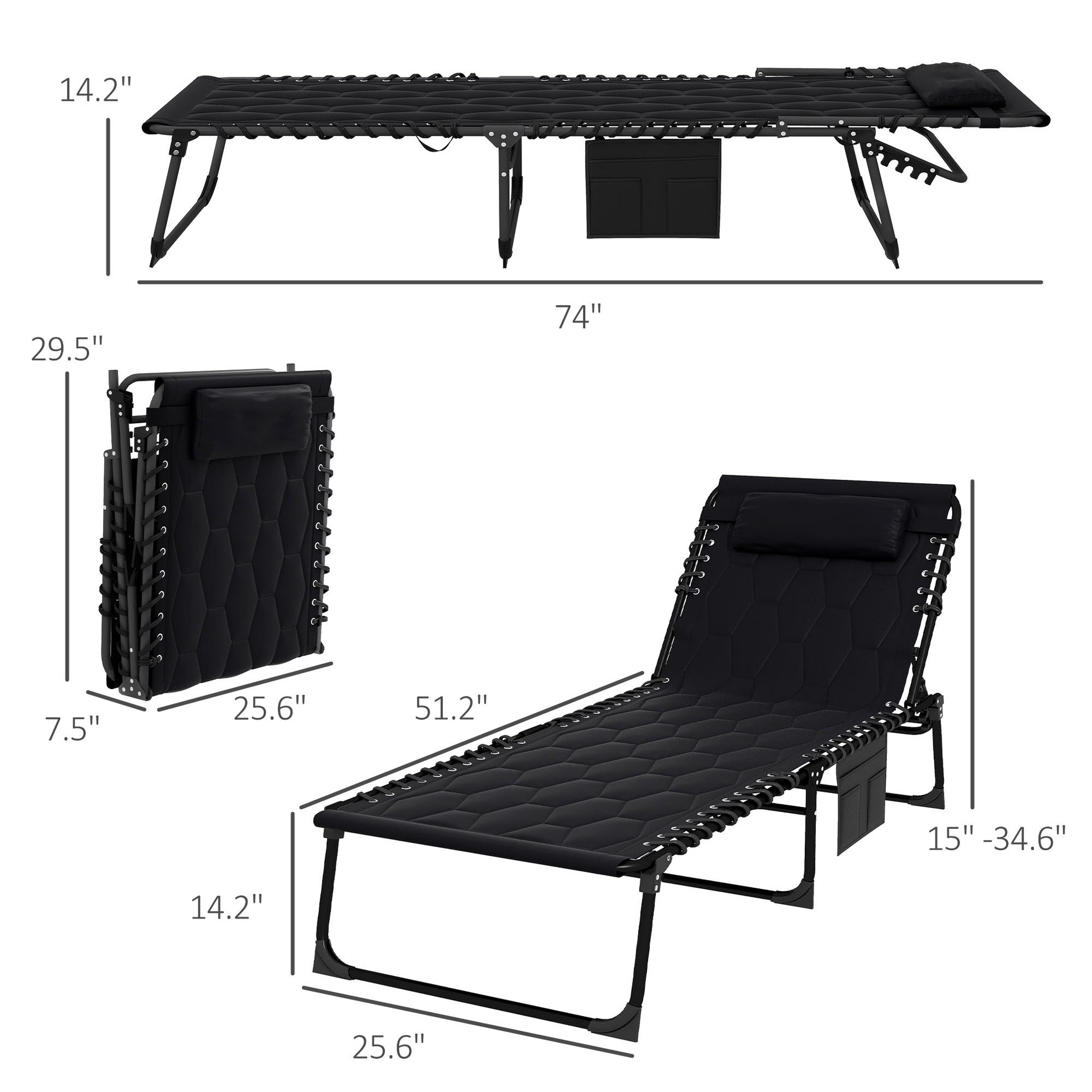 Outsunny Folding Chaise Lounge Set With 5 Level Reclining Back, Outdoor Lounge Tanning Chair With Padded Seat, Side Pocket & Headrest For Beach, Yard, Patio, Black Black Steel