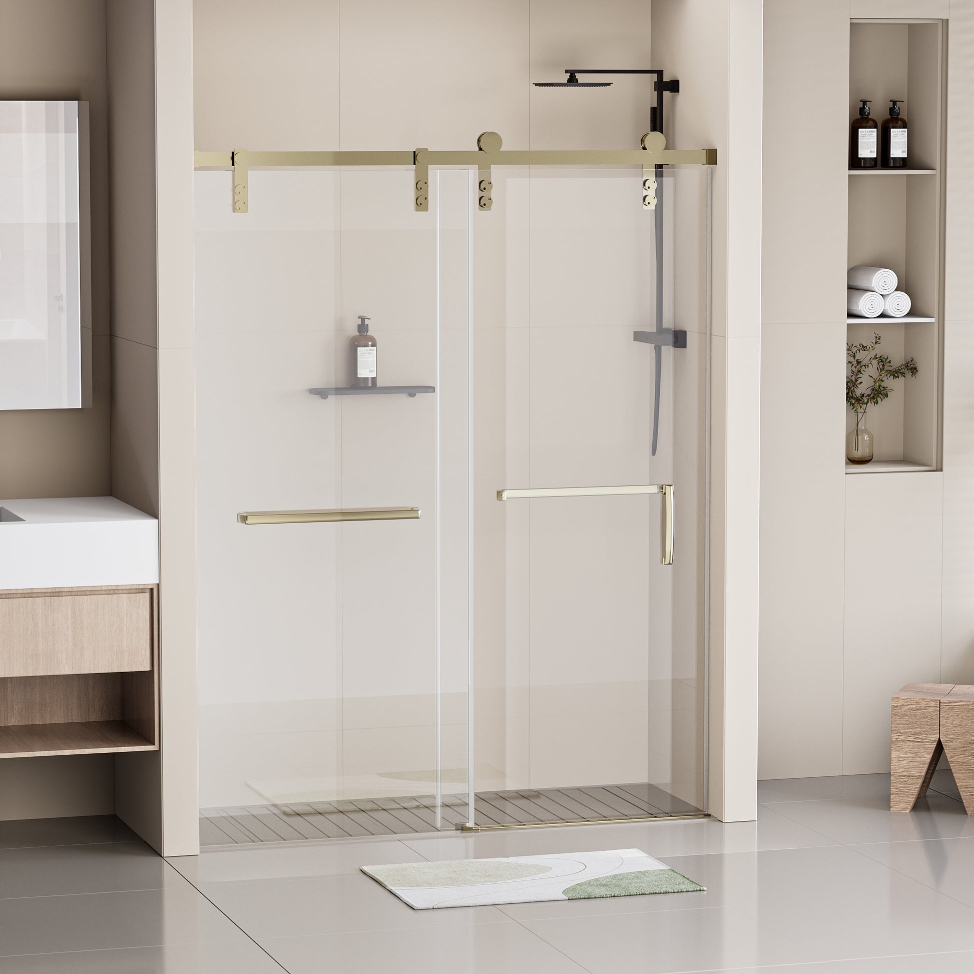 60" W X 76" H Frameless Soft Closing Shower Door, Single Sliding 5 16" 8Mm Clear Tempered Glass Shower Door With Explosion Proof Film, Stainless Steel Hardware, Gold 24D211 60G Combo Gold Tempered Glass