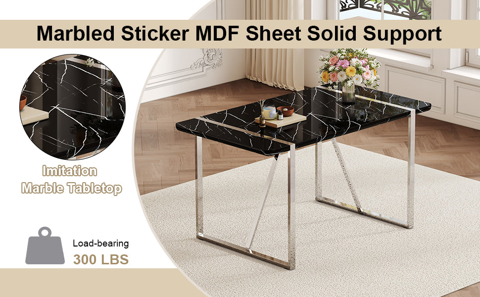 Table And Chair Set.A Rustic Industrial Rectangular Mdf Black Dining Table With Mdf Desktop And Electroplated Silver Metal Legs.Paried With 4 Chairs With Pu Cushion And Metal Legs. Black,Dark Gray,Silver Seats 4 Mdf Metal