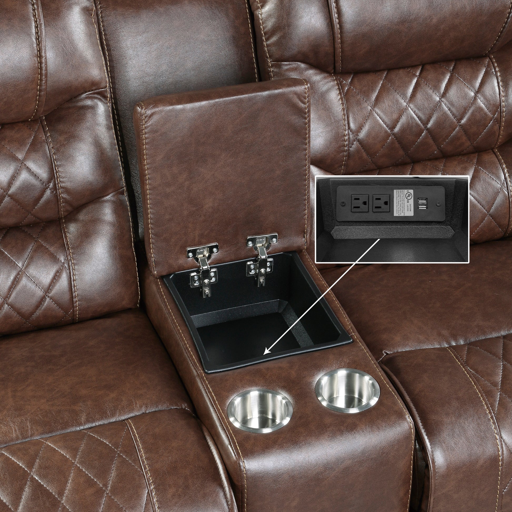 Luxurious Living Room Furniture 1Pc Brown Double Glider Reclining Loveseat With Center Console, Receptacles Usb Ports,Faux Leather Upholstery Diamond Pattern Stitching Brown Faux Leather Wood Primary Living Space Luxury,Modern Solid Wood